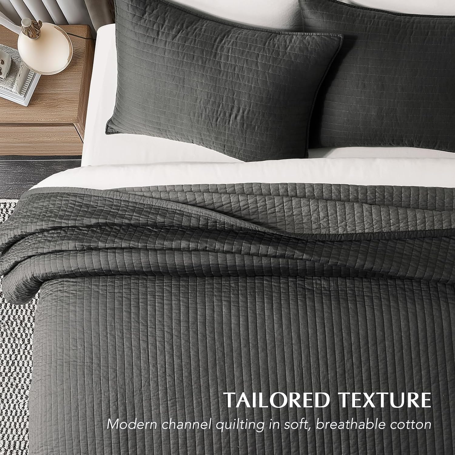 EVERGRACEHOME Cotton Sateen Quilt Set King Size, Pre-Washed Cotton Channel Stitch Coverlet Bedspread, 3 Pieces Lightweight Soft Bedding Sets for All Season, with 2 Pillow Shams, Washed Black