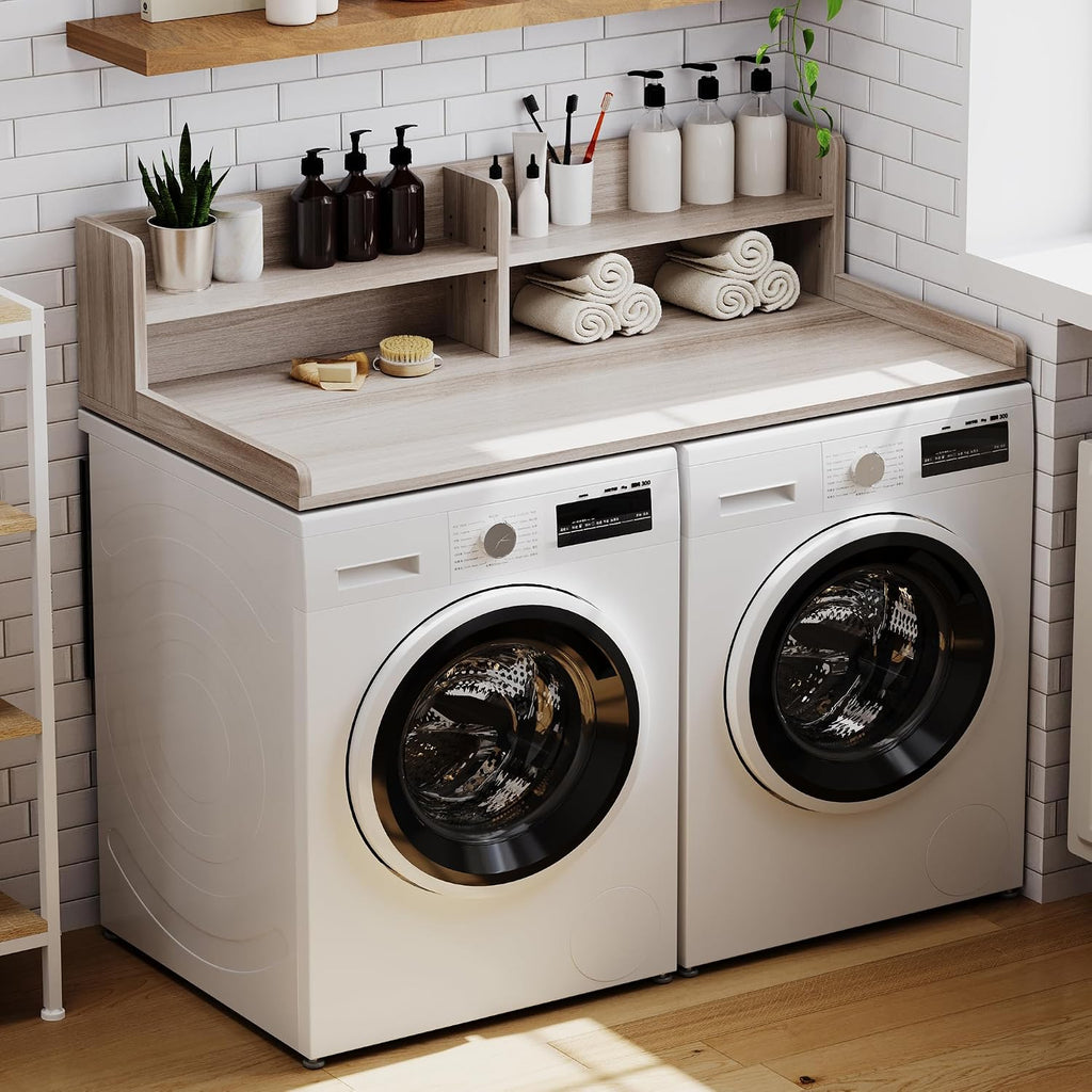 ChooChoo 2-Tier Washer Dryer Countertop with Adjustable Shelf, Spacious Laundry Room Storage for Folding Clothes and Efficient Organization, Oak