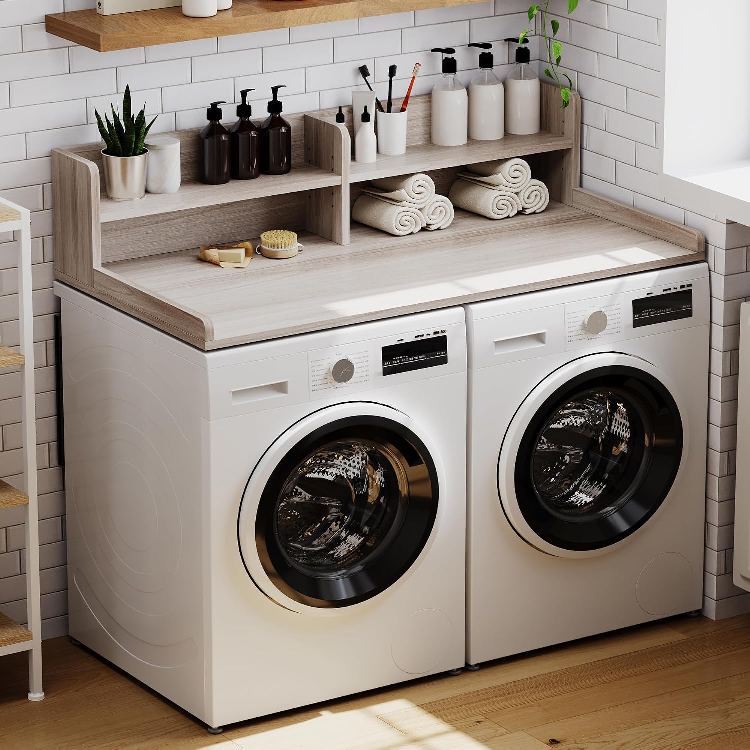 ChooChoo 2-Tier Washer Dryer Countertop with Adjustable Shelf, Spacious Laundry Room Storage for Folding Clothes and Efficient Organization, Oak