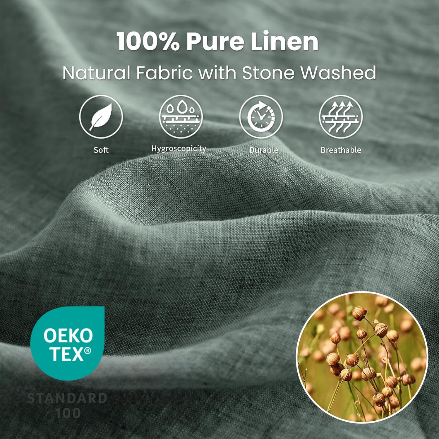 Simple&Opulence 100% Linen Sheet Set 4 Pieces Natural France Flax Bed Sheet (1 Flat Sheet, 1 Fitted Sheet, 2 Pillowcases) Breathable Luxury Hotel Bedding - Embroidery Cushing Green, King Size