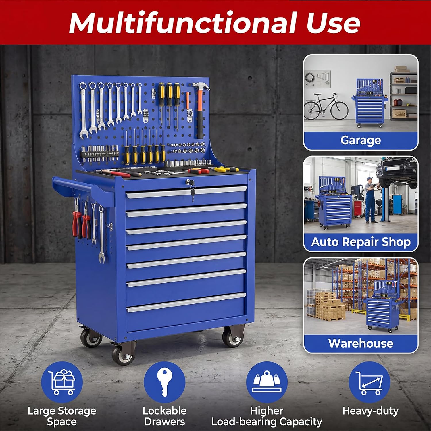 Rolling Tool Chest with Wheels, 7 Drawers Tool Storage Cabinet, Portable Metal Tool Box Organizer with Lock, Tool Cart on Wheels Toolbox Workbench for Garage, Workshop, Warehouse(Required Assembly)
