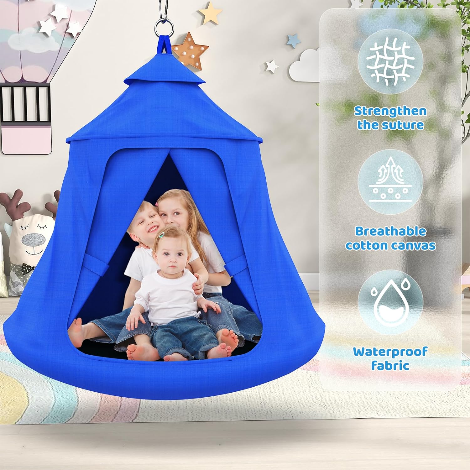 Swing Set with Tent Swing, X-Shaped Swing Frame with Sensory Swing, Tent Swing with Swing Stand, Hammock Chair with Stand, 330 lbs Capacity, w/Rainbow Lights String, Indoor/Outdoor Use(Blue)