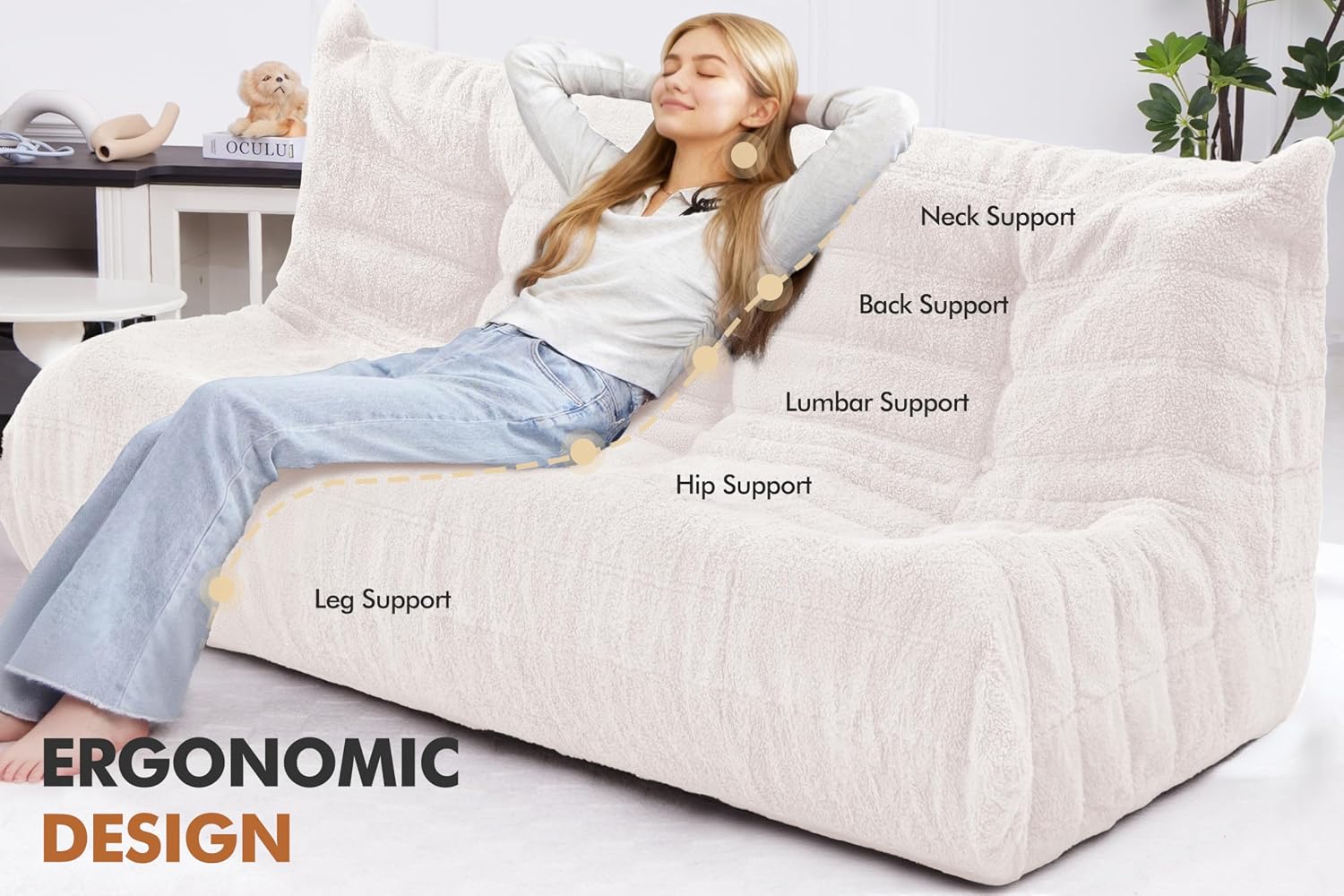 Bean Bag 3-Seater Chair Big Sofa Beanbag Chair for Adults Fireside Chair Bean Bag Lounger with Memory Foam Filled for Home,Apartment or Gaming Venue（Beige Teddy）