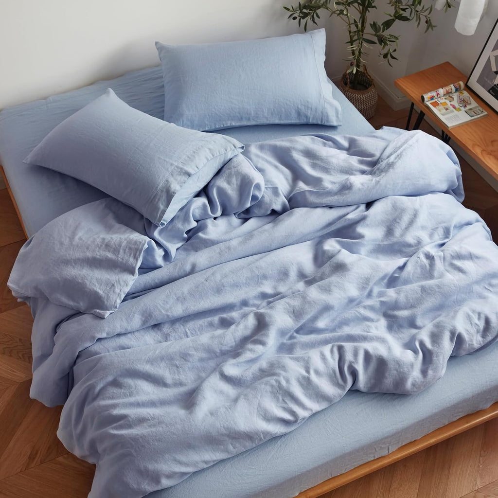 Sijo Stone Washed Organic French Linen Bed Sheet Set, GOTS Certified Organic, Best Cooling Linen Sheet Award by Sleep Foundation, 4 Piece - 2 Pillowcases, 1 Fitted and 1 Flat (Sky, Queen)