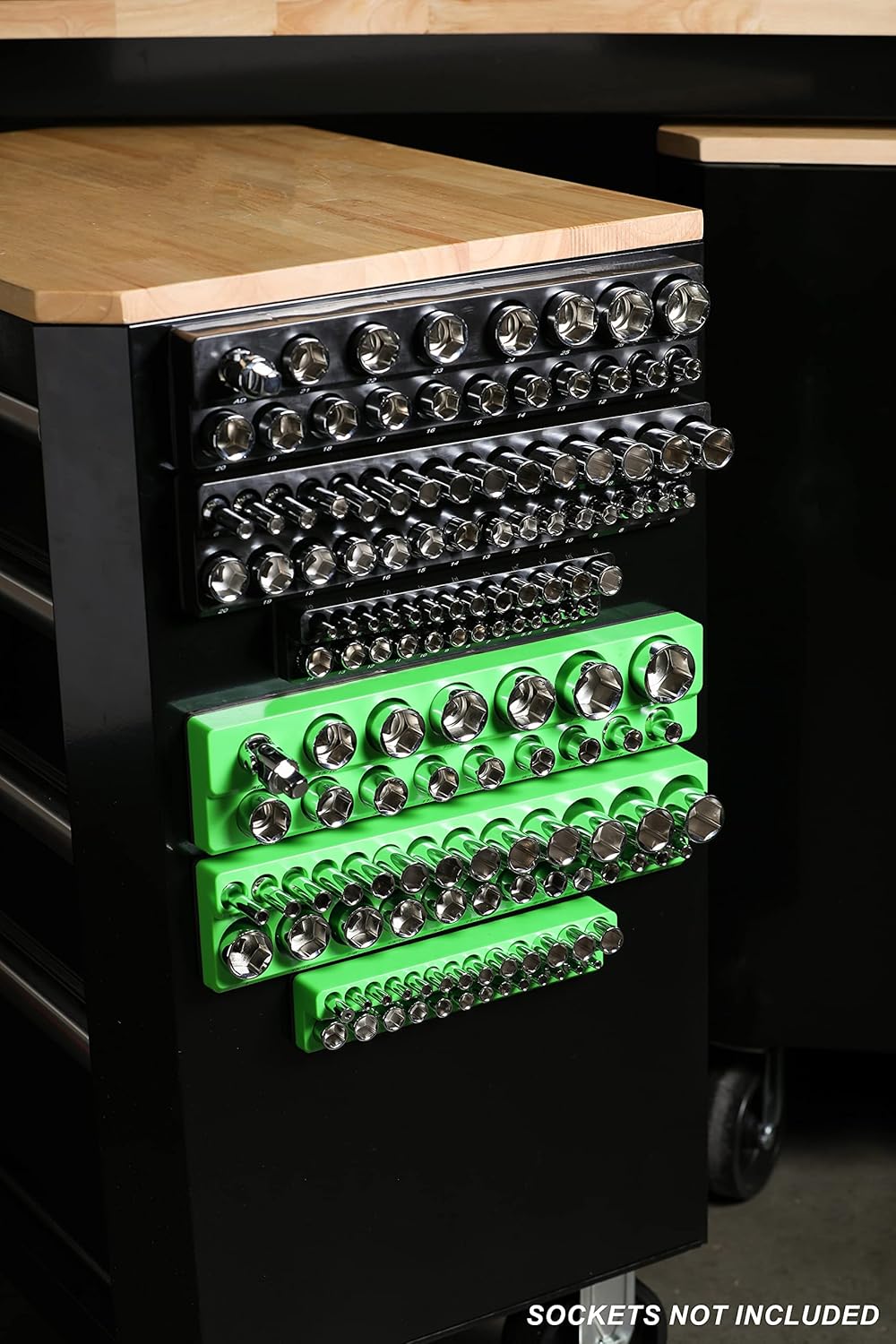 ARES 60160-6-Piece Magnetic Socket Organizers - Metric and SAE Set Black and Green -1/4 in, 3/8 in, 1/2 in Socket Holders -143 Pieces of Standard (Shallow) and Deep Sockets -Organize Your Tool Box