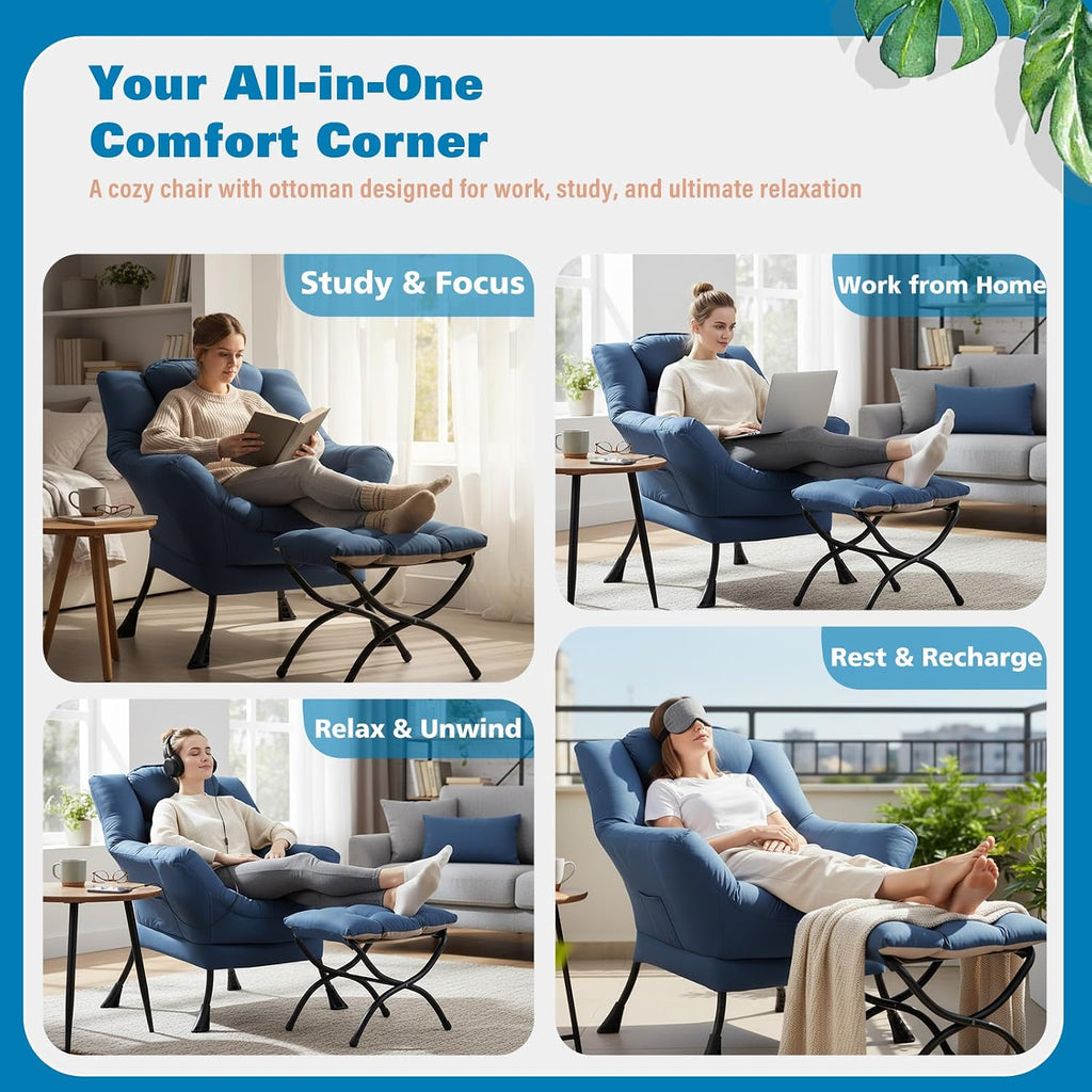 Lazy Chair with Ottoman, Reading Chair with a Pillow, Leisure Sofa Armchair with Ottoman, Large Accent Chair for Bedroom, Living Room, Dorm Room, Peach Royal Blue
