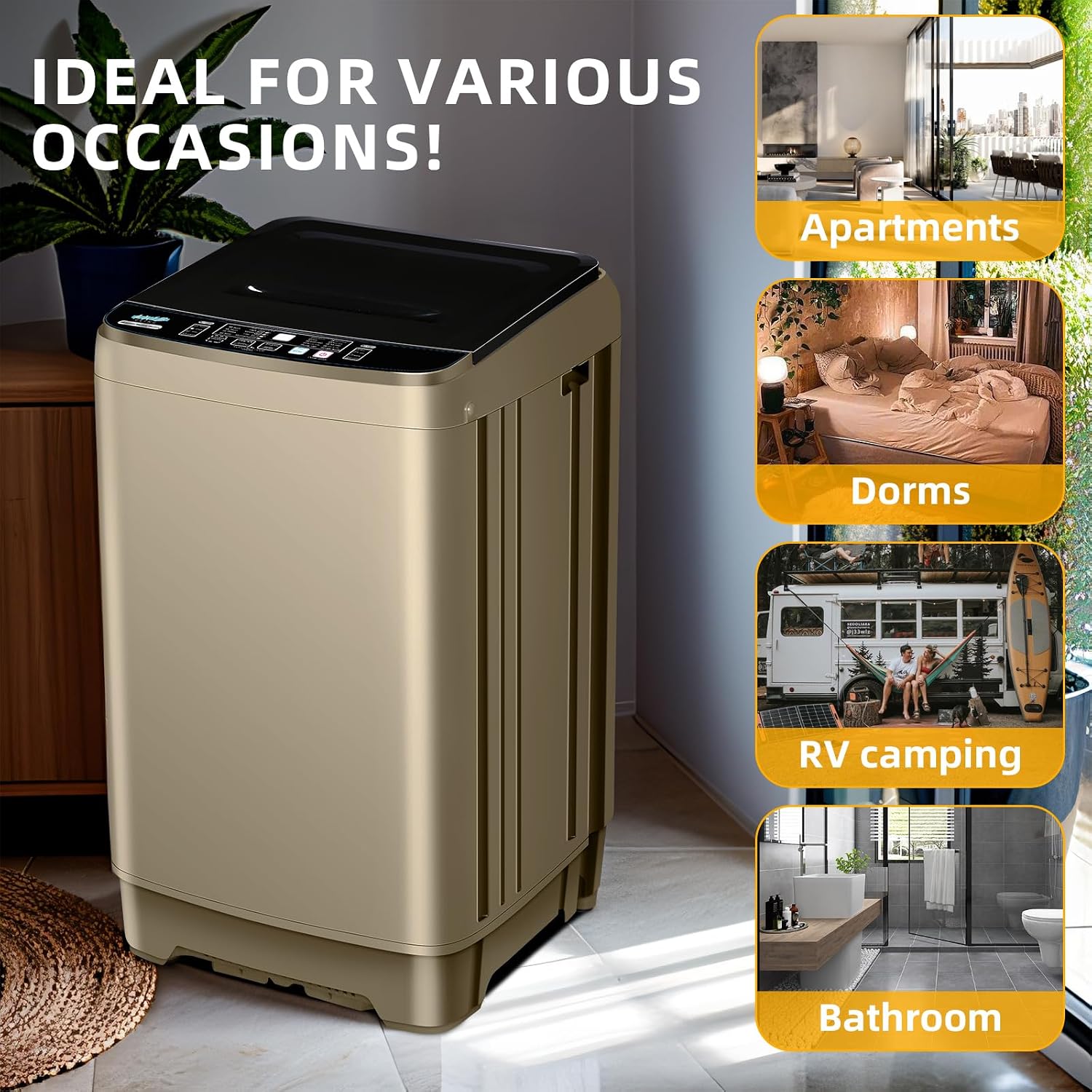 Qhou Full-Automatic Washing Machine, 15.6lbs Capacity Portable Washer, with Drain Pump, LED Display/8 Water Levels Selections/10 Programs Compact Laundry Washer for RV, Camping, Apartment, Dorm（Gold)