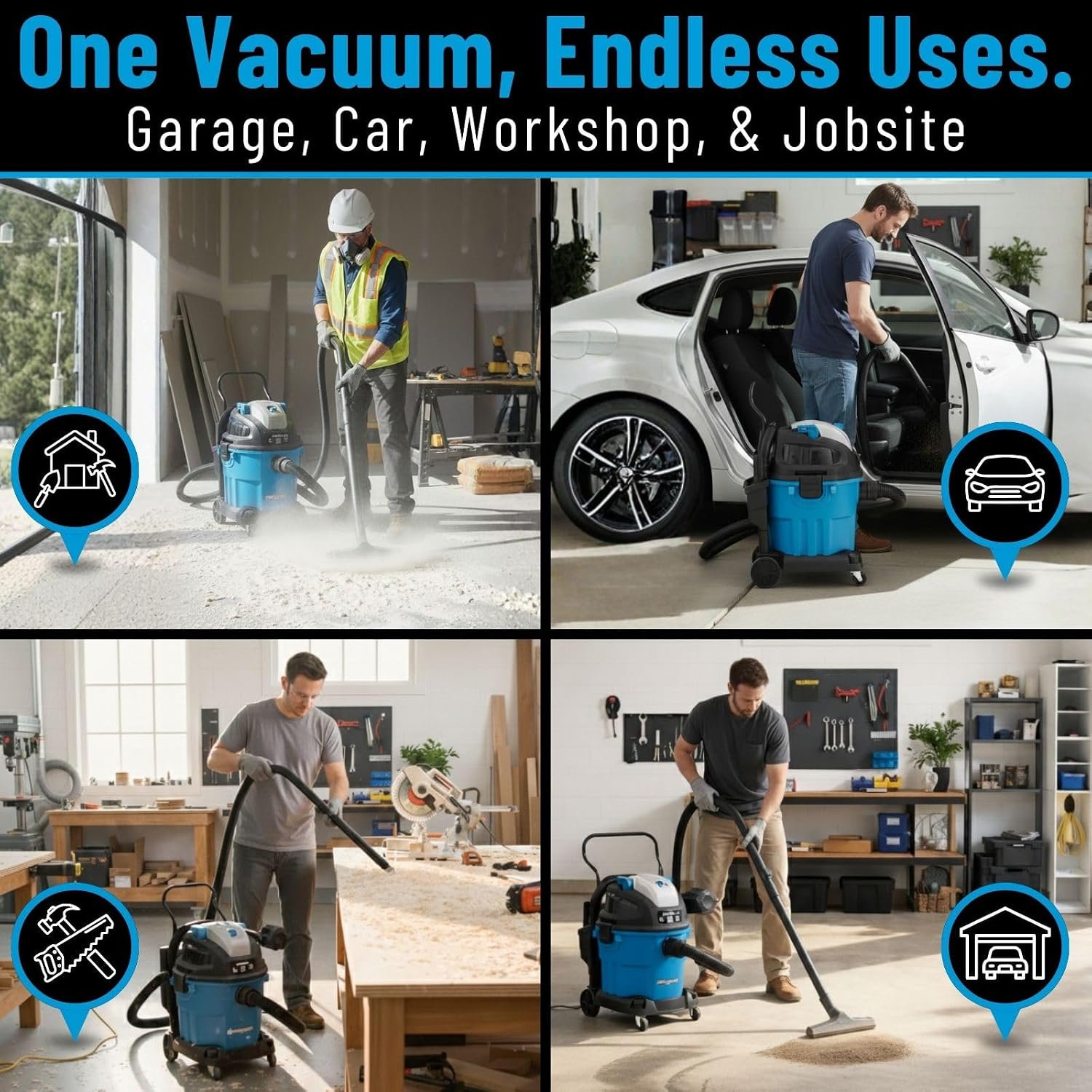 Channellock Shop Wet Dry Vacuum 5Gal 5Hp Wall Mount Vac - Remote Control, Wheels, Foam Filter - 5 Gal