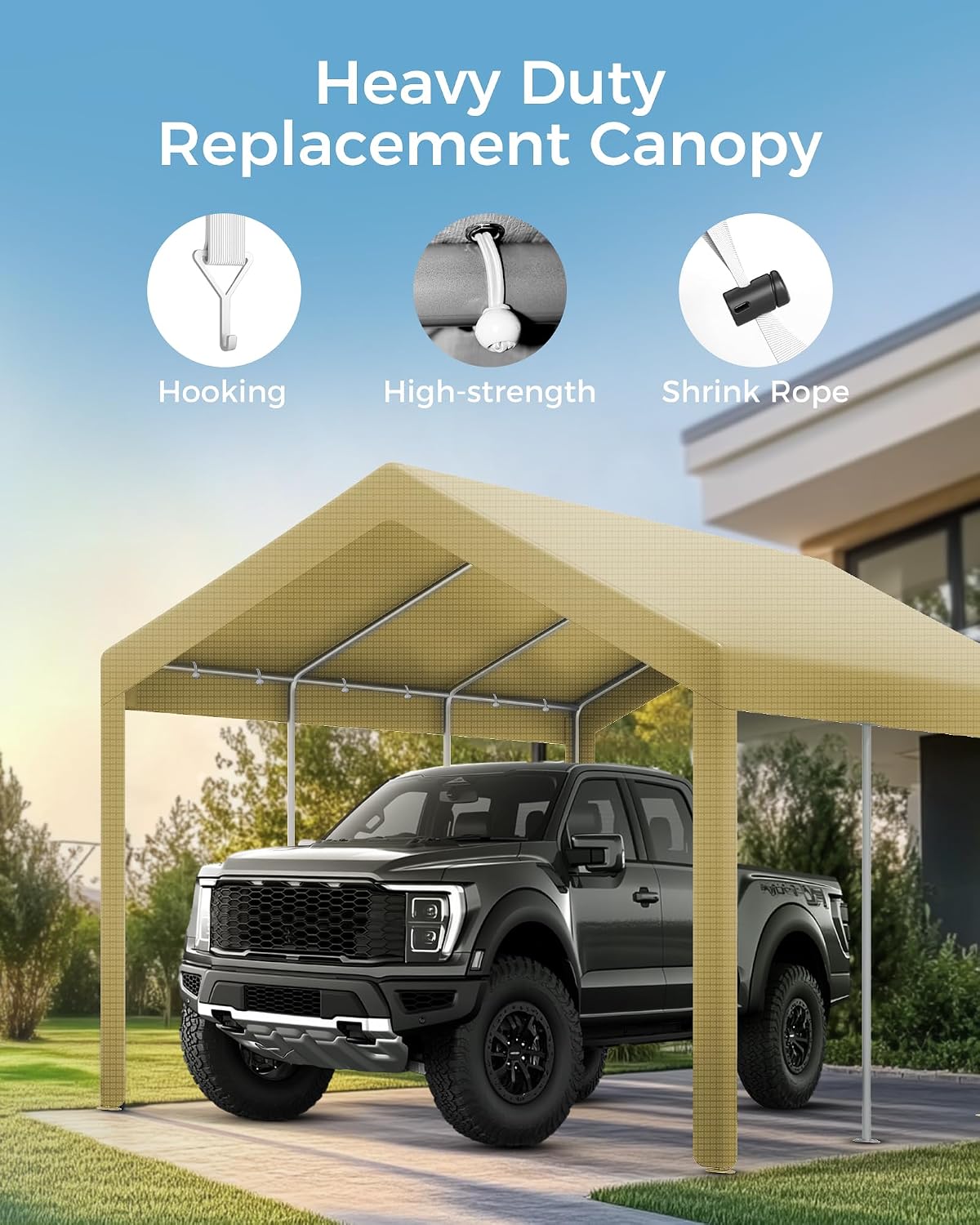 Heavy Duty 12x20FT Carport Replacement Canopy Cover, Waterproof UV Protected Tarp Replacement Top for Carport Frame with Ball Bungees, Car Garage Shelter (Khaki, Top Cover Only)