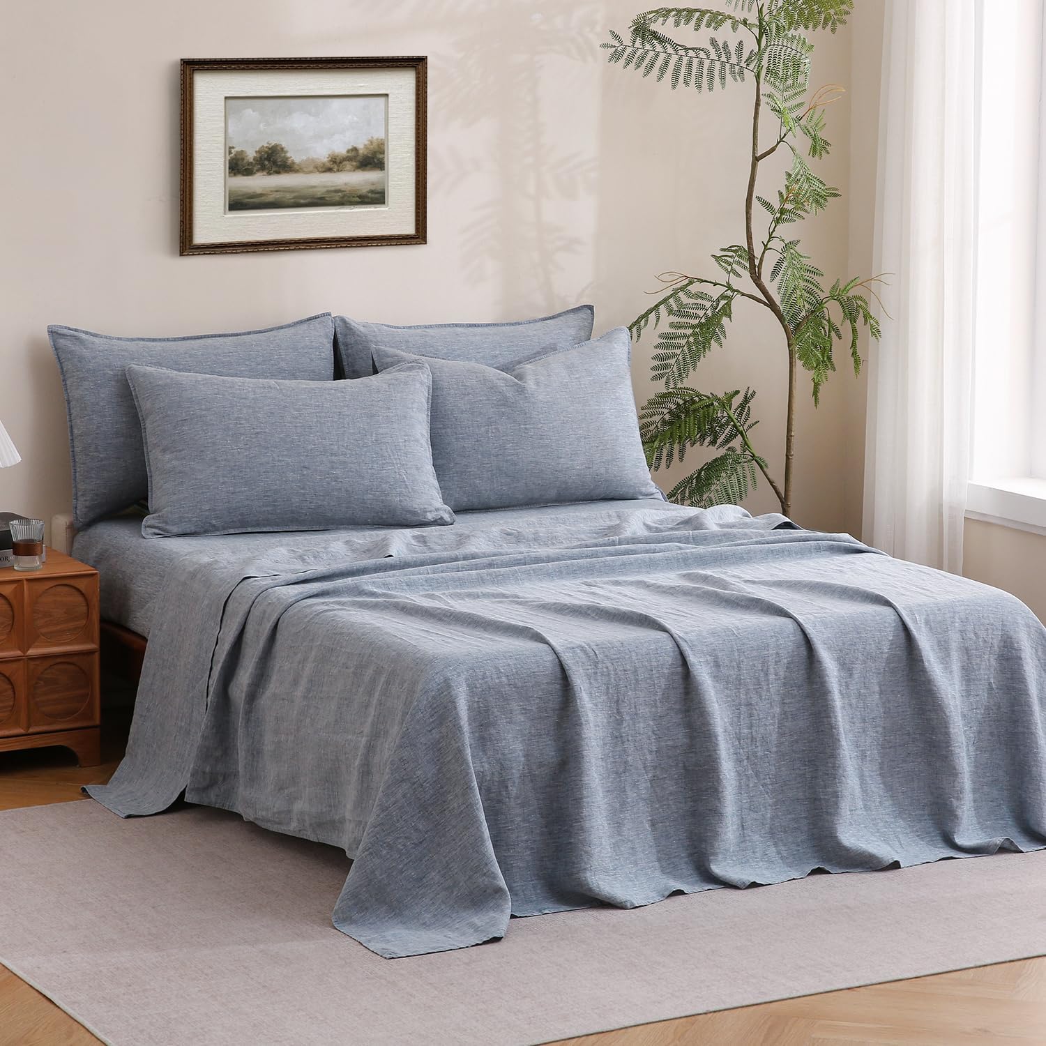 S VICTORY SYMBOL 100% Organic Linen Chambray Sheets Set Full Size,Washed French Flax Bed Sheets 4 Pieces(2 Pillowcases,1 Fitted Sheet,1 Flat Sheet) Blue Denim,Yarn Dyed Natural Linen Bedding