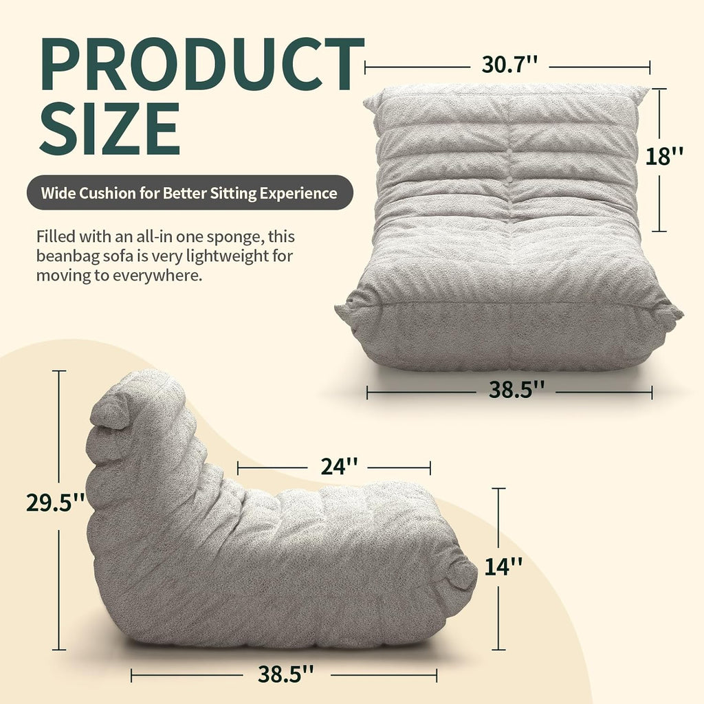 Bean Bag Chairs for Adults, Lazy Sofa Chair with Memory Foam Teddy Velvet Fabric, Large Beanbag Sofa Chair for Bedroom Living Room Dorm Office (Grey)