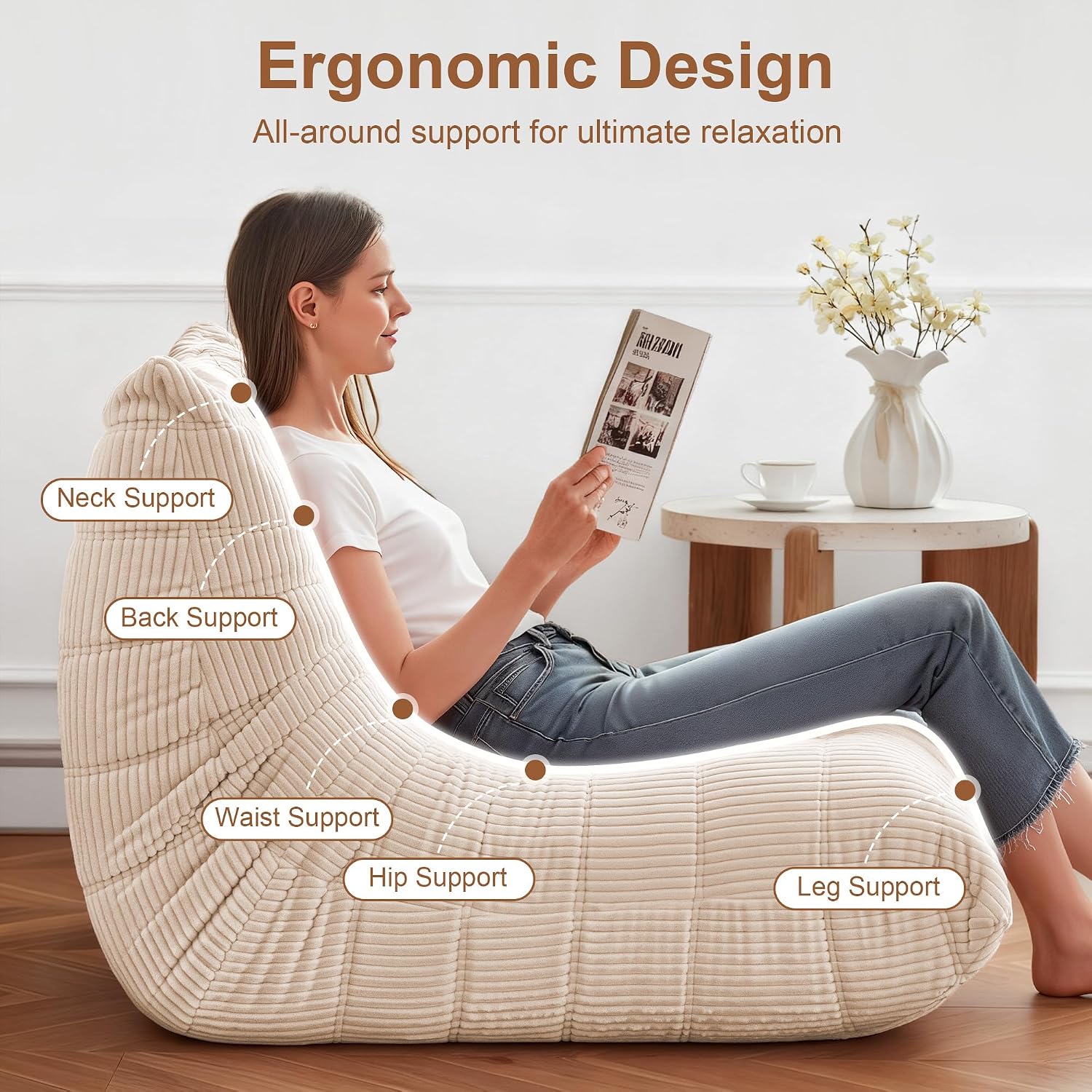 Bean Bag Chair for Adults, Giant Bean Bag Chairs with Lumbar Pillow, Oversized Corduroy Memory Foam Boneless Chair with High-Rebound, Lazy Floor Sofa for Reading Gaming Living Room Bedroom, Beige