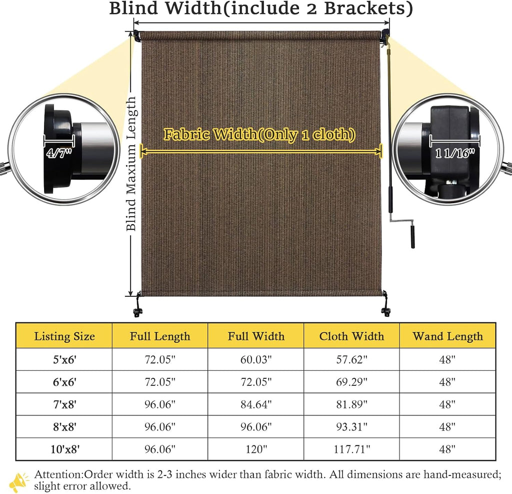 10' W x 8' H Outdoor Roller Shades, Cordless Patio Roll Up Outdoor Blinds with 2 Poles & 1 Fabric, Exterior Sun Shade Cloth for Porch, Gazebo, Balcony, Pergola, Mocha