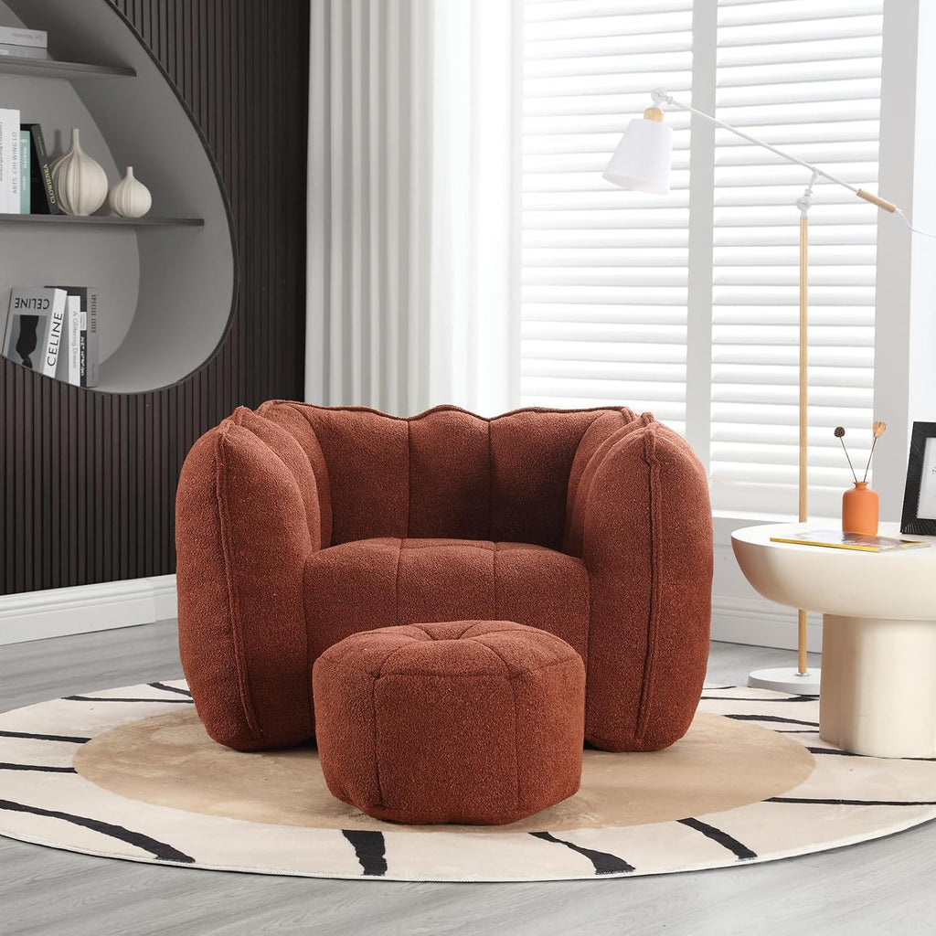 Giant Bean Bag Chair with Ottoman, Oversized Beanbag Chair for Adults, Comfy Floor Sofa Chair with Foam Filler, Pumpkin Lazy Lounger for Living Room, Game Room, Reading Corner, Chenille Reddish Brown