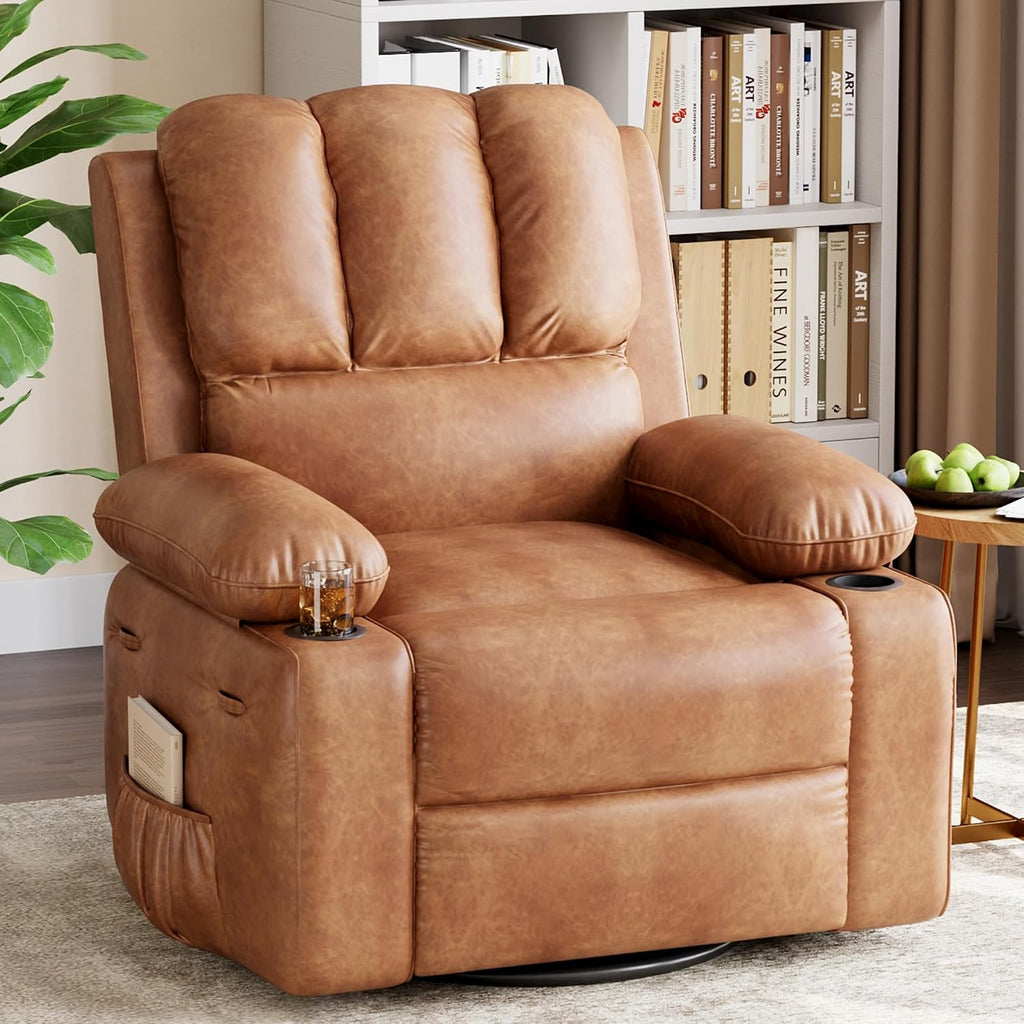 GarveeHome Oversized Recliner Chairs with Heat and Massage, Lazy Recliner Chair for Adults- Manual Chair with Cup Holder for Living Rooms, Bedrooms and Nurseries (Light Brown)