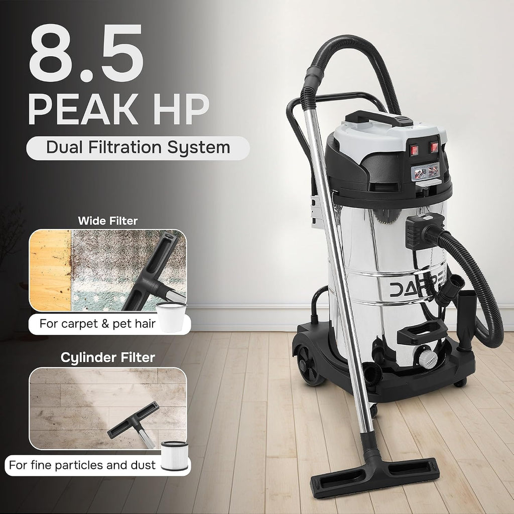 Dapper Supply 21 Gallon 8.5 Peak HP Wet/Dry Vacuum, Stainless Steel Tank, 2 in 1 Function Portable Shop Vacuum with Attachments, Built-in Drain Ideal for Jobsite, Garage & Workshop.