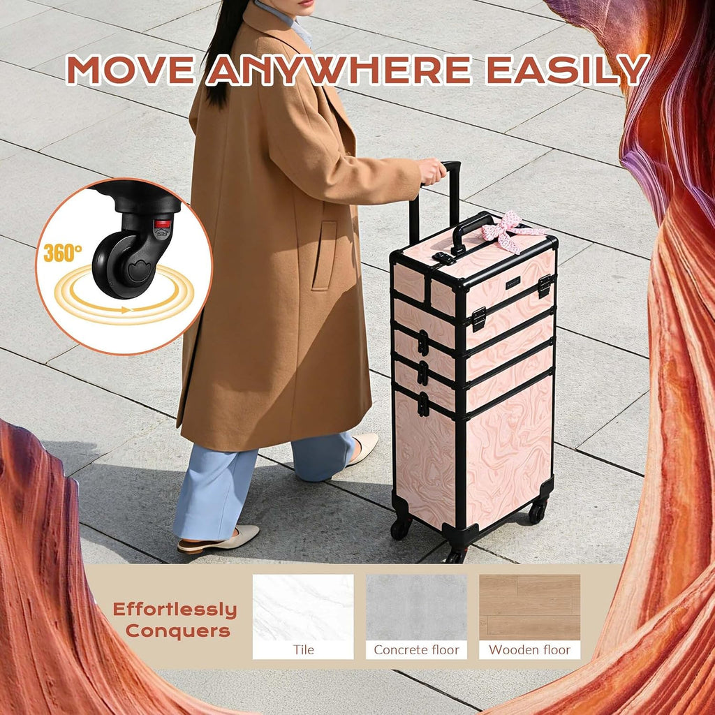 BYOOTIQUE 4in1 Rolling Makeup Case with 4 Pull-Out Trays, Easy Access Cosmetic Organizer with Wheels for Makeup Artist,Lockable Latches for Secure Storage,CoyoteButtes Dusk