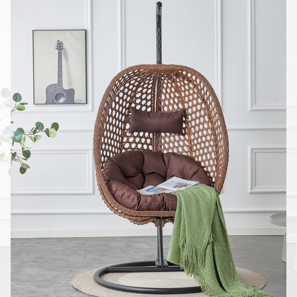 Egg Swing Chair with Stand for Outdoor Indoor, Hanging Egg Chair with Cushion and Pillow, Lounge Chair, Foldable Basket and Metal Stand for Porch, Patio, Bedroom, Balcony,Yard (Brown)