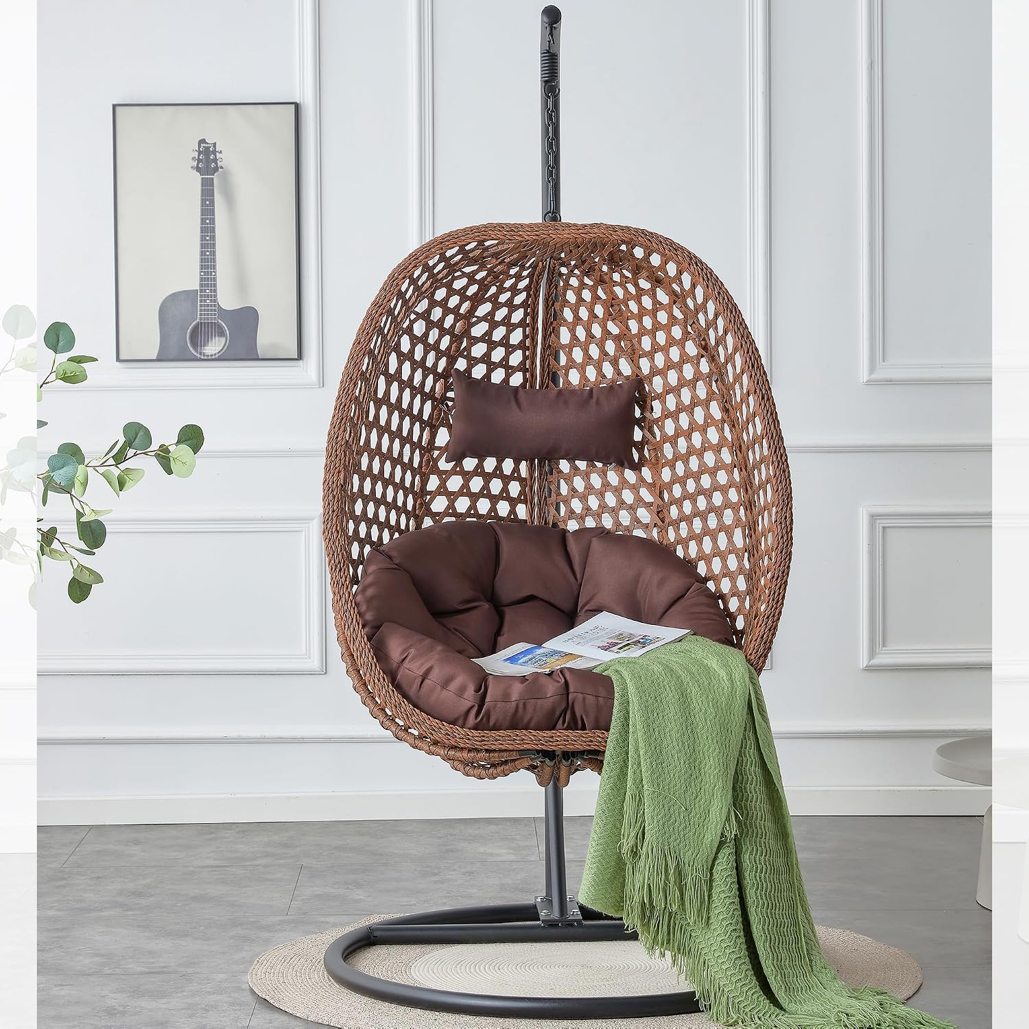 Egg Swing Chair with Stand for Outdoor Indoor, Hanging Egg Chair with Cushion and Pillow, Lounge Chair, Foldable Basket and Metal Stand for Porch, Patio, Bedroom, Balcony,Yard (Brown)