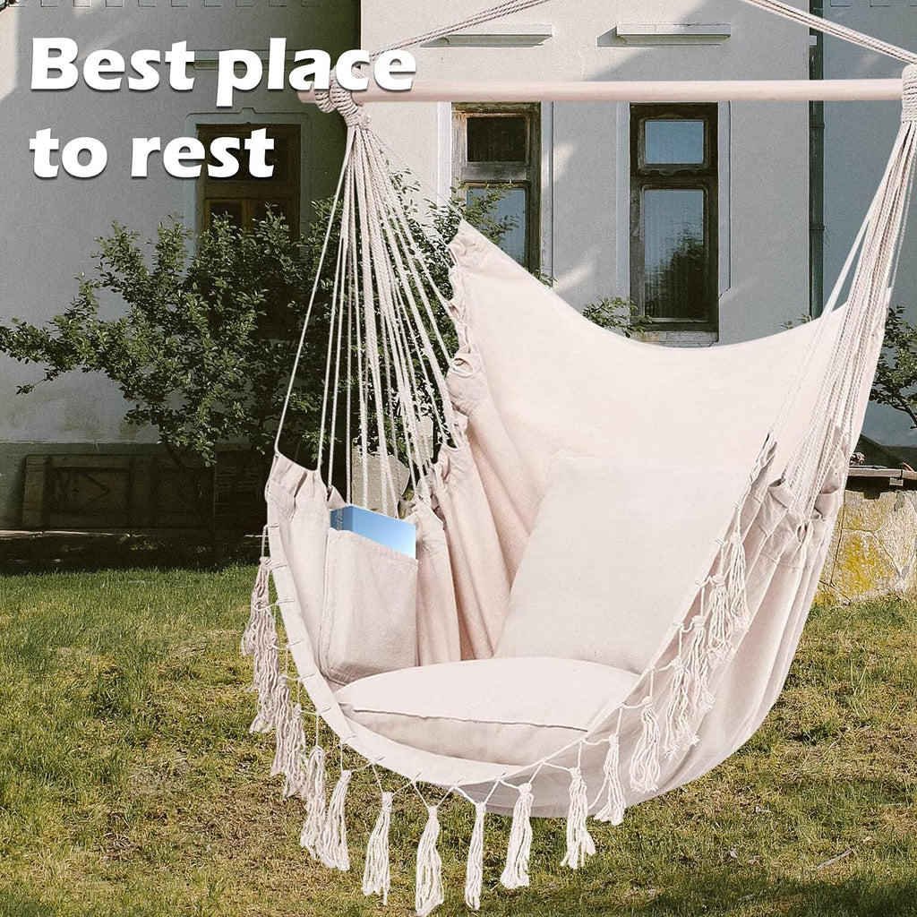 ZLX Hammock Chair Hanging Rope Swing with Hardware Kit and 2 Cushions, Handmade Macrame Hanging Chair for Bedroom Patio Yard Garden, Max 330 Lbs, Beige