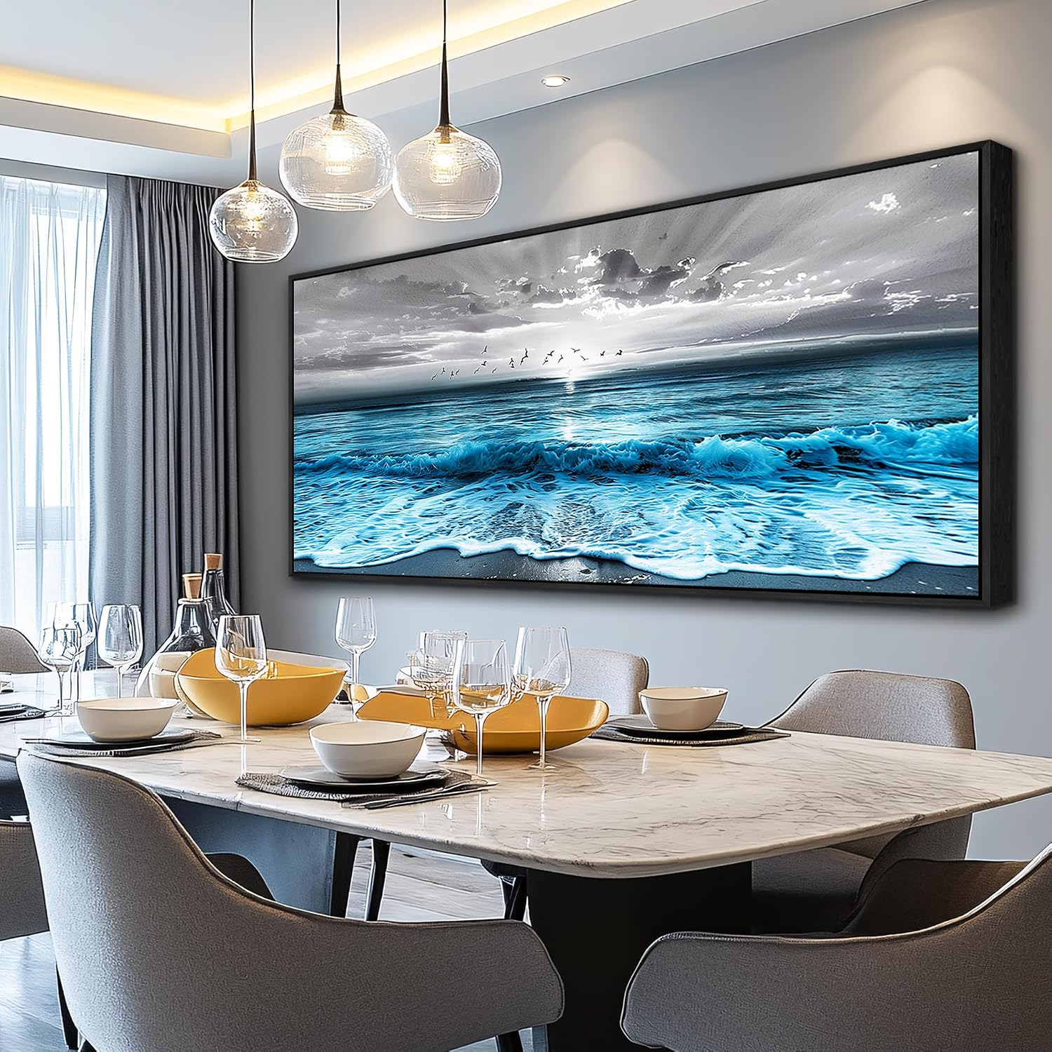 ERQINHUA Large Canvas Black Frame Wall Decor For Living Room Blue Sea Wave Ocean Painting Wall Art For Bedroom Office Dining room Decorations Beach Artworks Wall Pictures Modern Home Decor 32x72 In