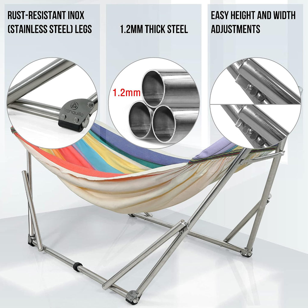Tranquillo Double Hammock with Stand 550lb Capacity Double Hammock with Spreader Bar, Solid Grade 201 Stainless Steel 30s Set Up, Sturdy Flexible Hammock Stand Portable, Outdoor Indoor, Rainbow