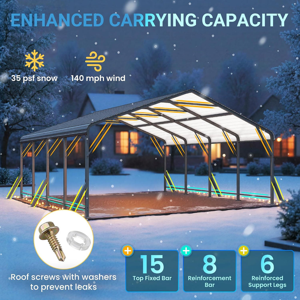 20x20 FT Metal Carport with Updated Roof & Enhanced Base, Heavy Duty Canopy Carport Garage, Vertaile for Car, Truck, Boat, Tractors, Party, Grey