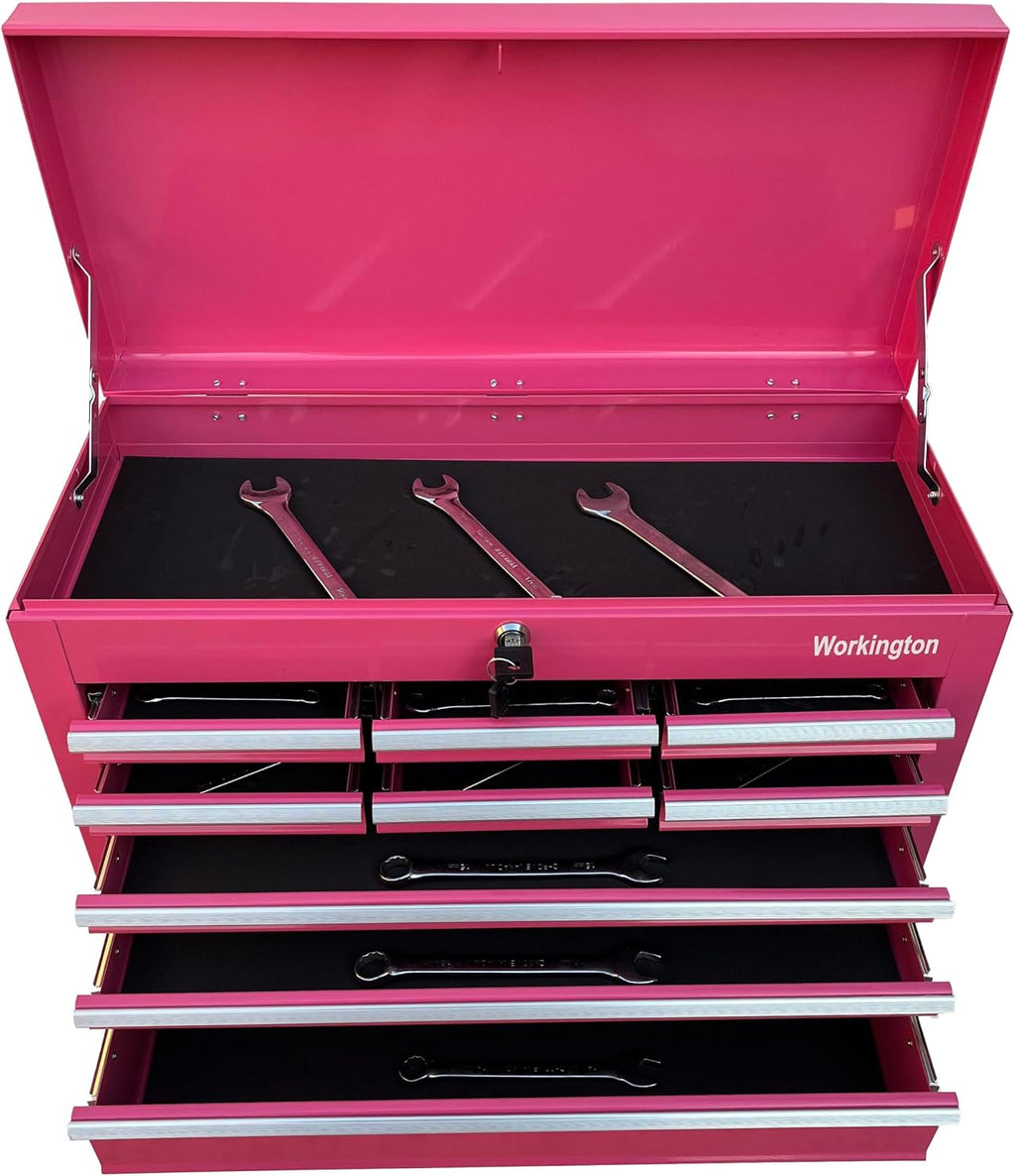 Workington Portable Metal Tool Chest with 9 Drawers, 24' 9-Drawer Tool Chest Cabinet with Ball Bearing Drawer Slides, Steel Tool Storage Box Organizer 4006 Pink