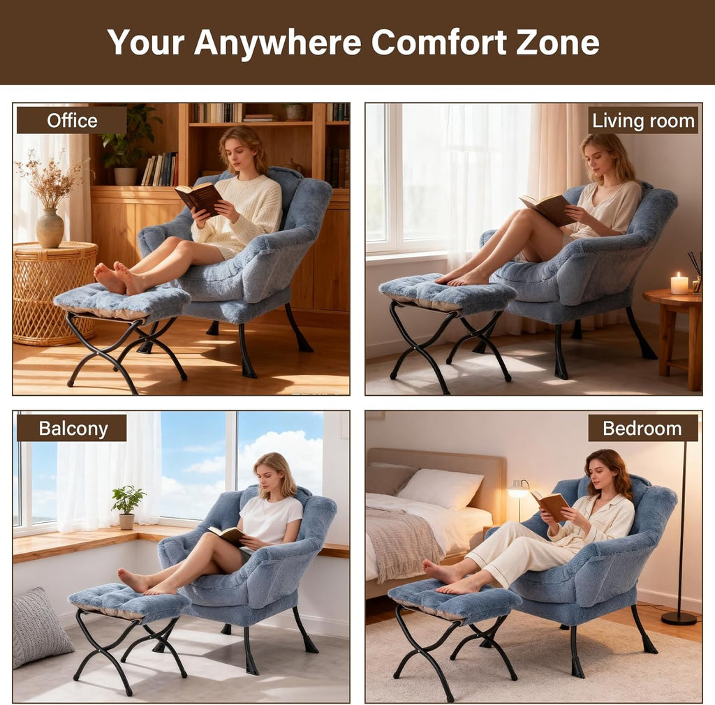 Welnow Lazy Chair with Ottoman, Modern Accent Chair with Armrests and a Side Pocket, Leisure Sofa Armchair Set, Reading Armchair with Footrest for Small Space, Plush Light Blue