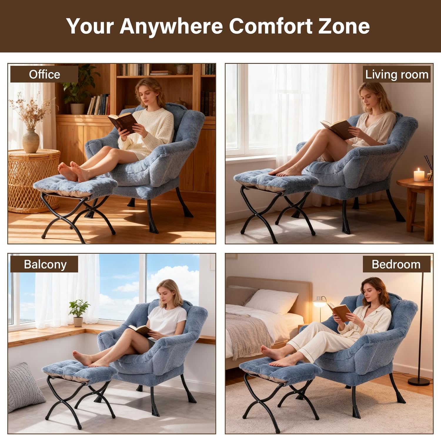 Welnow Lazy Chair with Ottoman, Modern Accent Chair with Armrests and a Side Pocket, Leisure Sofa Armchair Set, Reading Armchair with Footrest for Small Space, Plush Light Blue