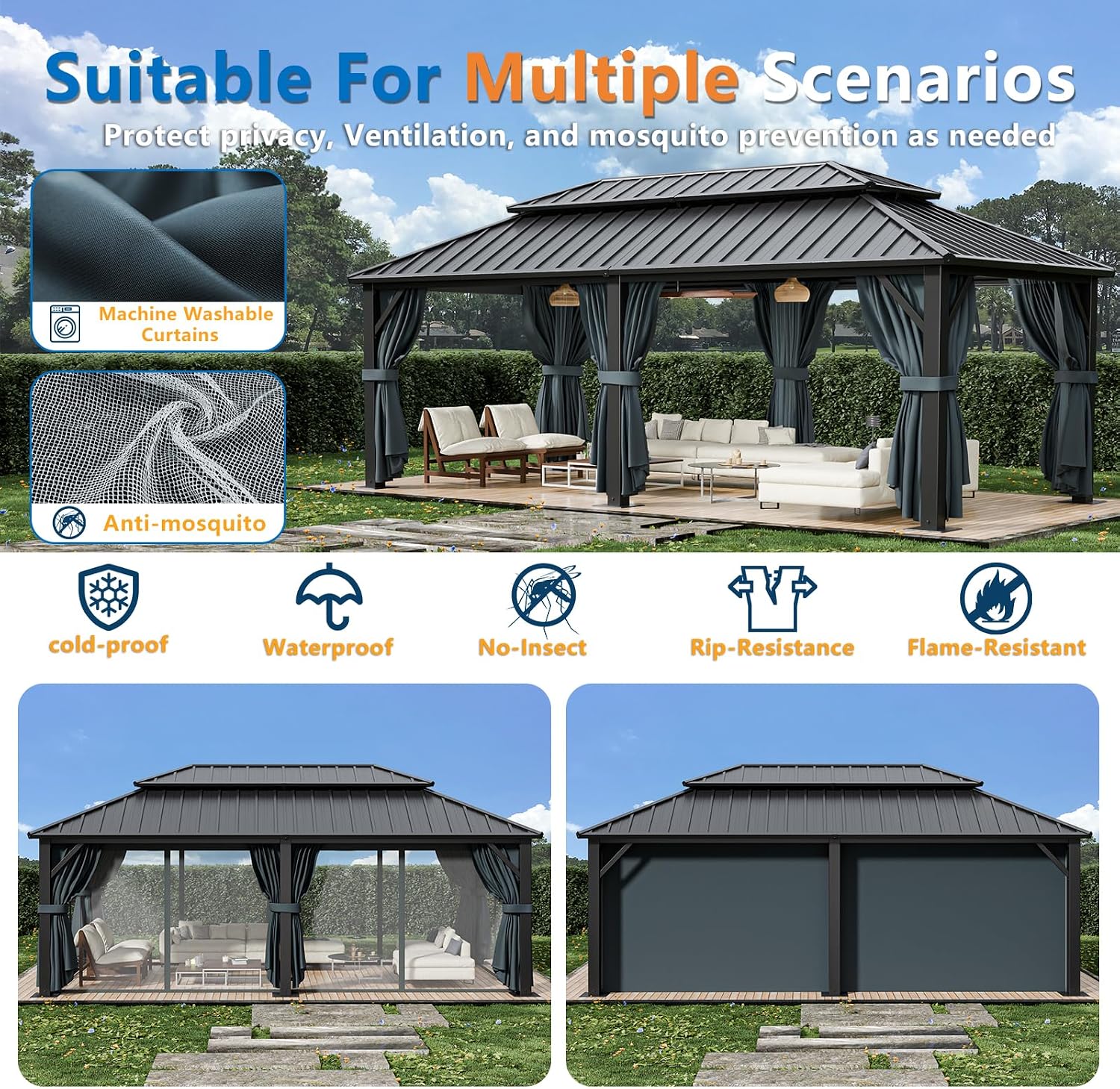 HOTEEL 12x20 Hardtop Gazebo with Metal Roof, Heavy Duty Galvanized Steel Gazebo, Reinforced Square Column, Flame-Resistant Curtains and Netting, Suitable for All-Weather,Black(Pro)