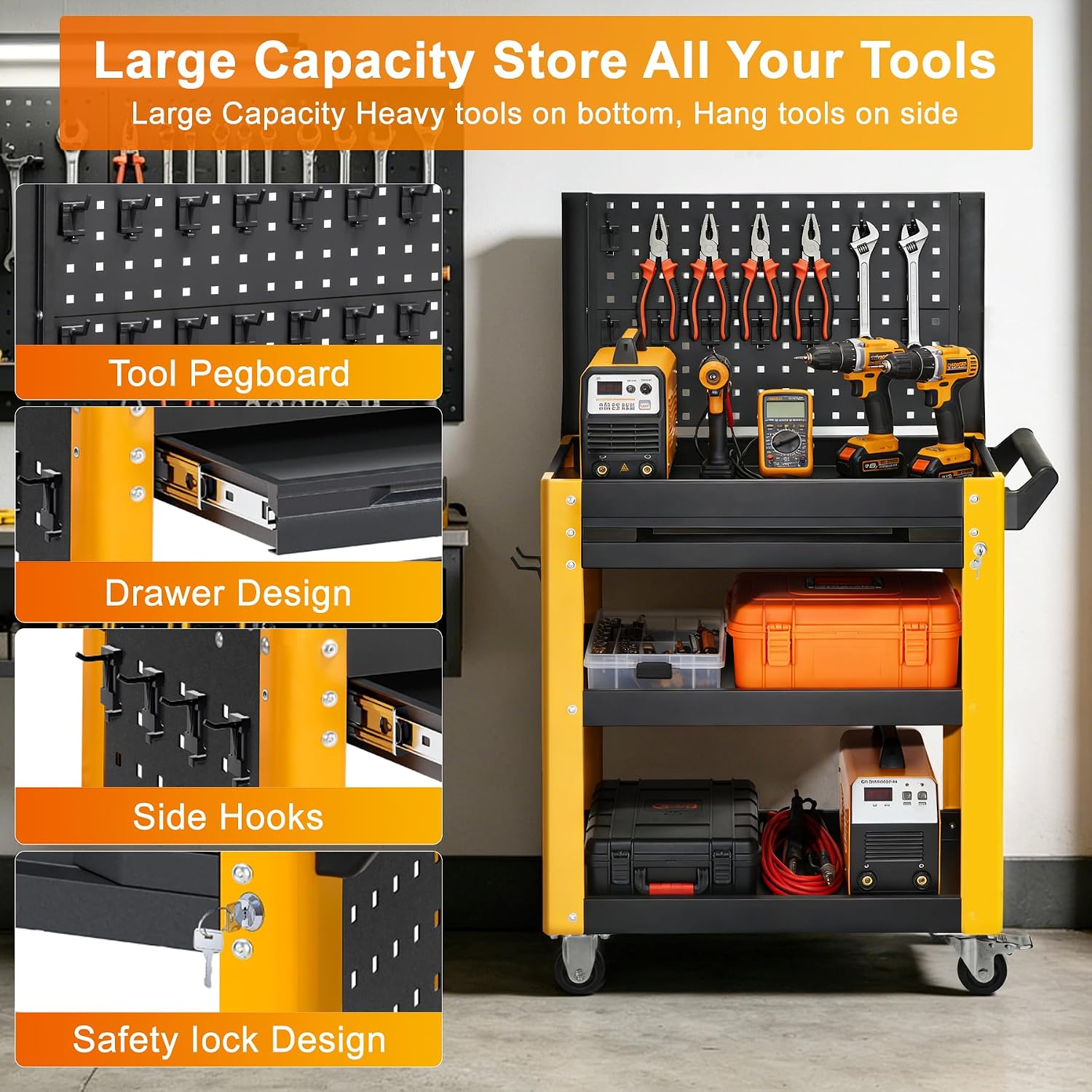 3 Tier Heavy Duty Rolling Tool Cart with Lockable Drawers & Nail Plates, 1000LBS Load Capacity Utility Cart on Wheels for Workshop, Warehouse, Garage, Shop, School & Garden