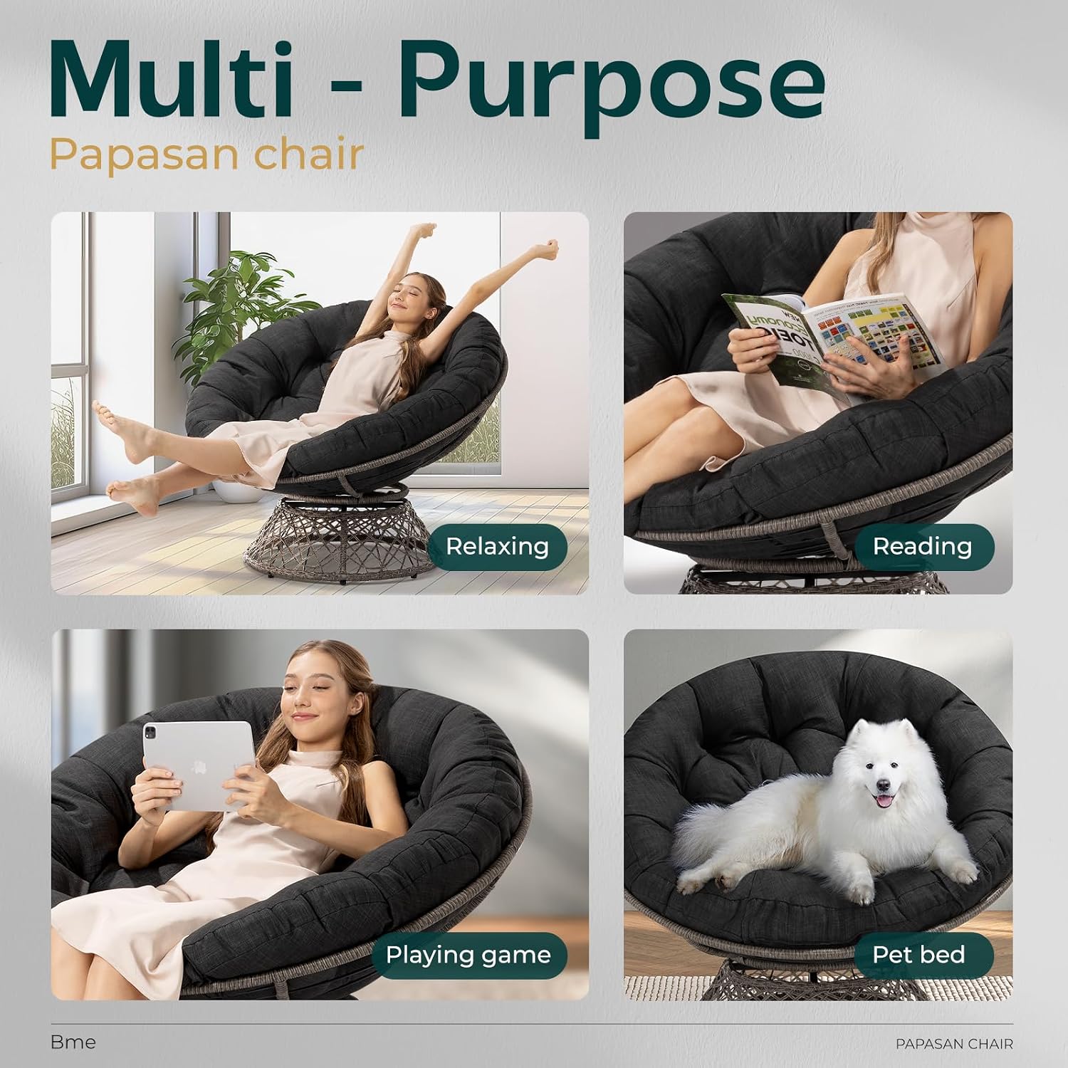 Bme 46' Large Size Ergonomic Wicker Papasan Chair with Soft Thick Density Fabric Cushion, Bee-Designed Base, High Capacity Steel Frame, 360 Degree Swivel for Living, Bedroom,...