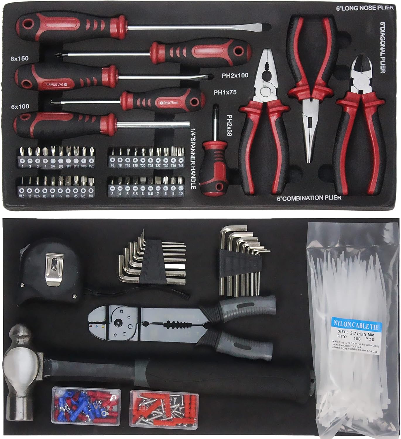 Runboll Mechanics Tool Set 339-Piece 3-Drawer Toolbox with Tools Kits Included, with pliers, ball hammer, screwdrivers, wrenches, Hex Keys, and More