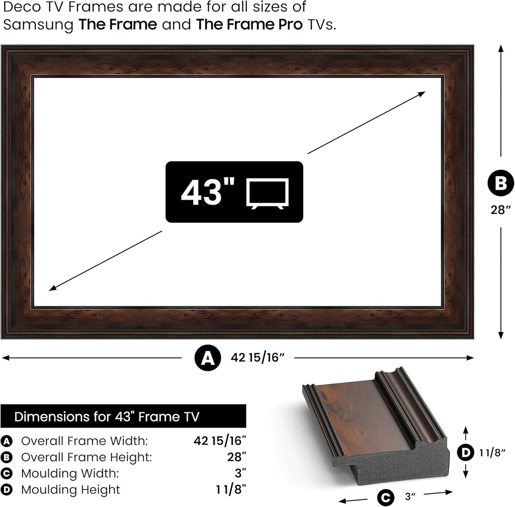 Burlwood 43' Premiere Deco TV Frame - Compatible ONLY with Samsung The Frame TVs (Fits 2021-2026, LS03A, LS03B, LS03C, LS03D, LS03FA)