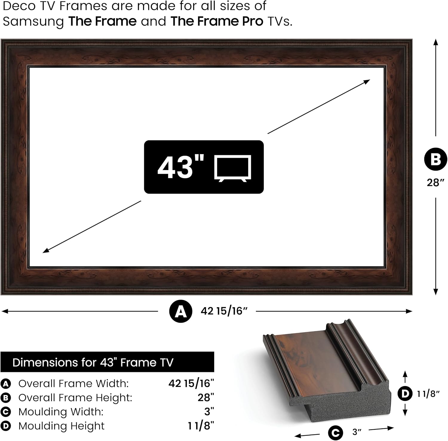 Burlwood 43' Premiere Deco TV Frame - Compatible ONLY with Samsung The Frame TVs (Fits 2021-2026, LS03A, LS03B, LS03C, LS03D, LS03FA)