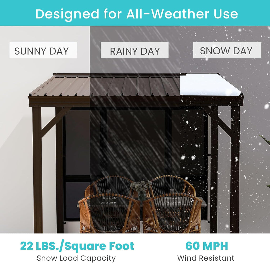 Domi 8' x 8' Lean to Gazebo, Wall Mounted Gazebos Pergola with Built in Drainage System, Galvanized Steel Roof, Hardtop Patio Shelter for Deck, Porch, Backyard and More,Brown