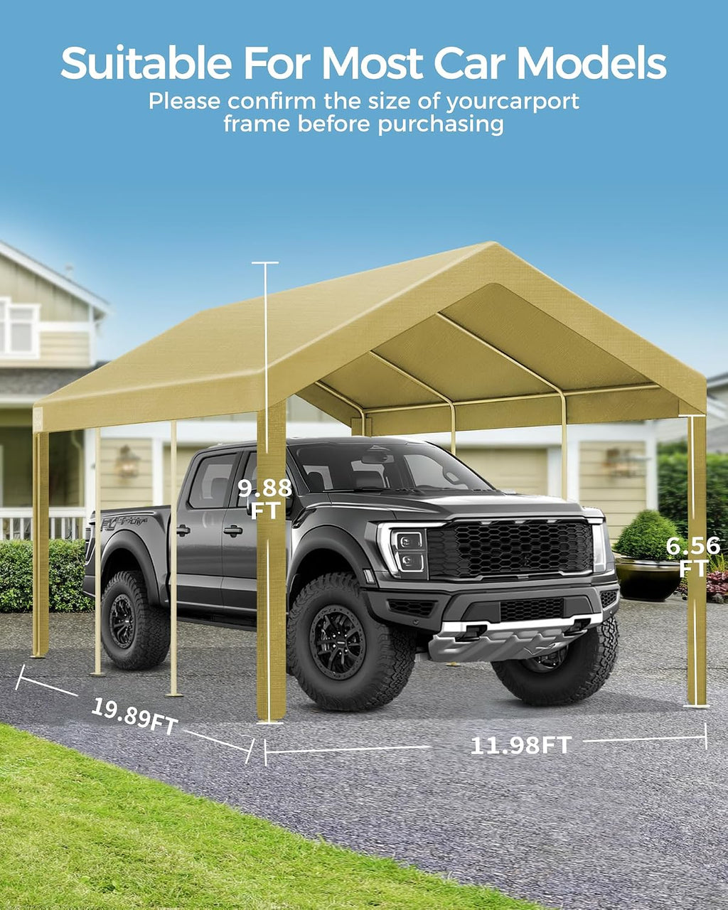 Heavy Duty 12x20FT Carport Replacement Canopy Cover, Waterproof UV Protected Tarp Replacement Top for Carport Frame with Ball Bungees, Car Garage Shelter (Khaki, Top Cover Only)