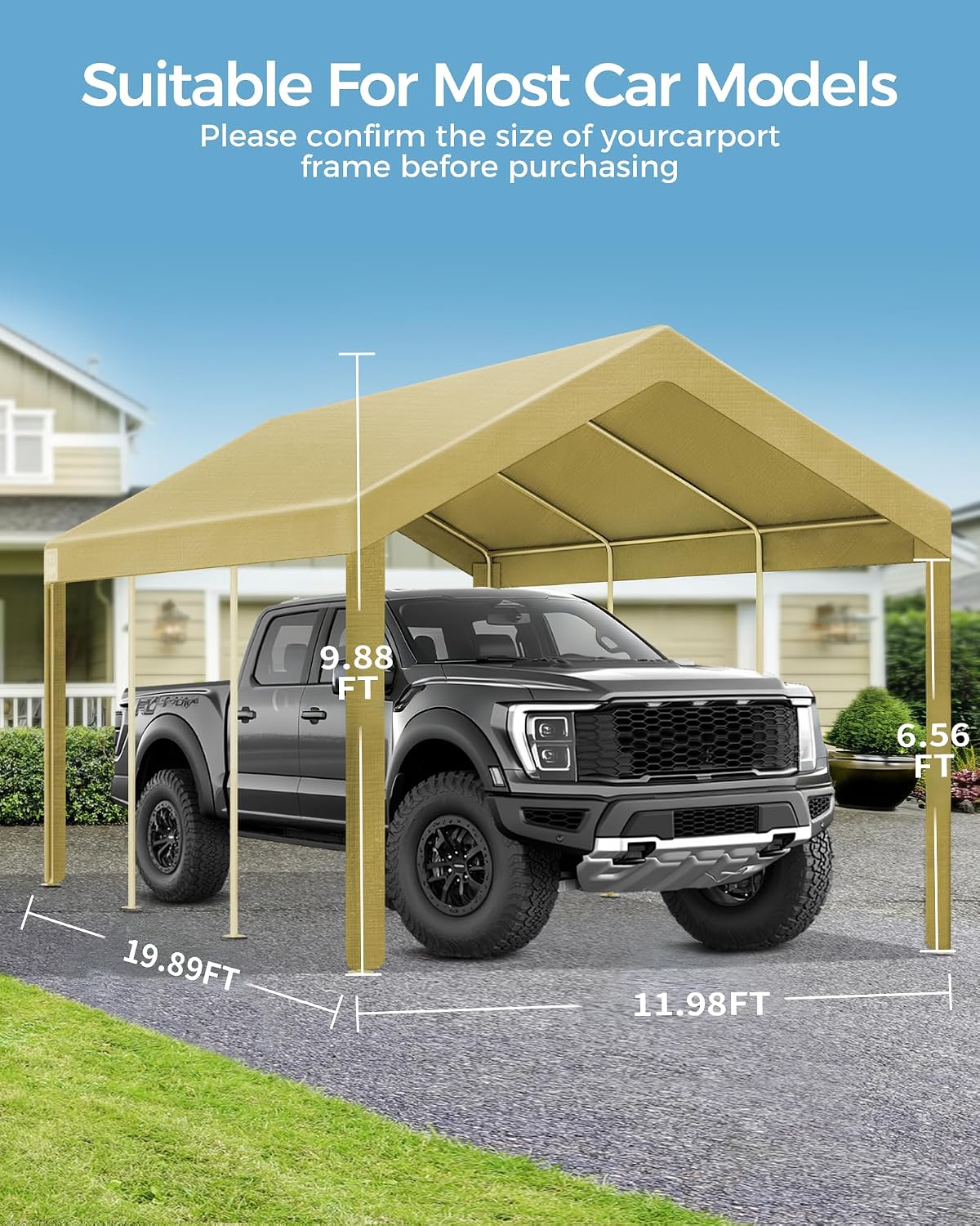 Heavy Duty 12x20FT Carport Replacement Canopy Cover, Waterproof UV Protected Tarp Replacement Top for Carport Frame with Ball Bungees, Car Garage Shelter (Khaki, Top Cover Only)