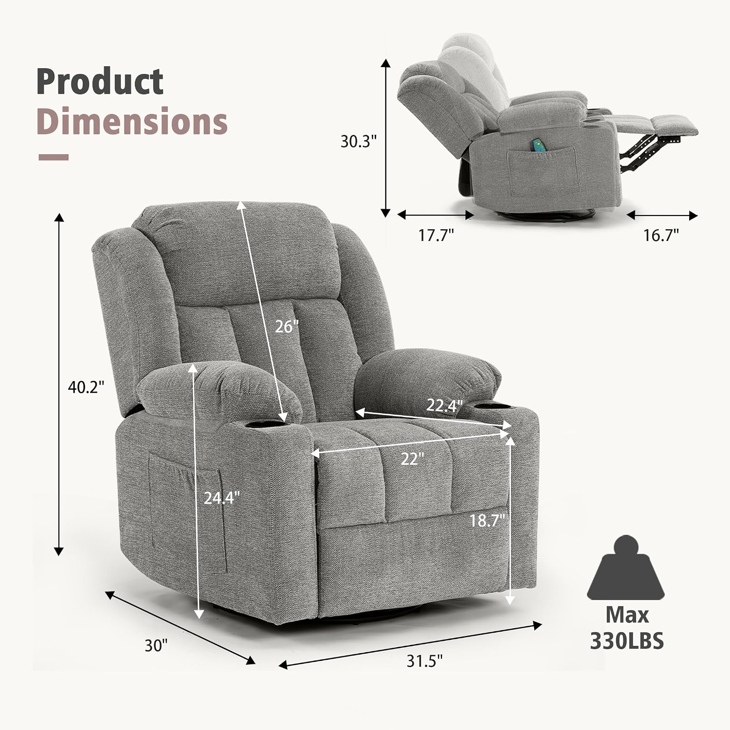 Ketaiyou Rocker Swivel Recliner Chair for Adults, Overstuffed Large Manual Recliner Glider with Massage and Heat, Comfy Soft Fabric Living Room Reclining Sofa Chair (Lime Gray)
