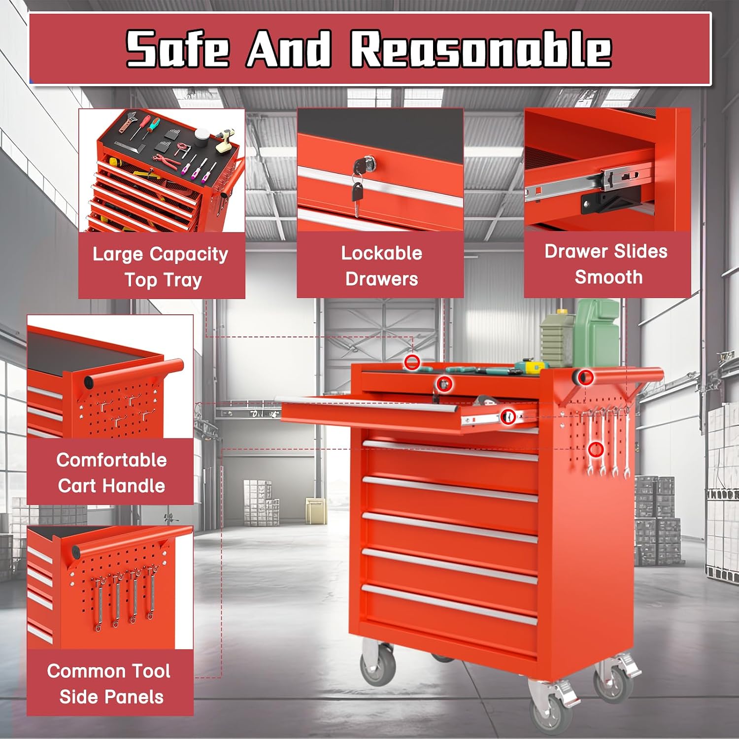 On Shine 7-Drawer Meatl Rolling Tool Chest with Wheels and Locking Tool Chest, Large Storage Capacity Rolling Tool Box, Portable Metal Tool Box for Warehouse,Garage, Repair Shop, Workshop (Red) 1