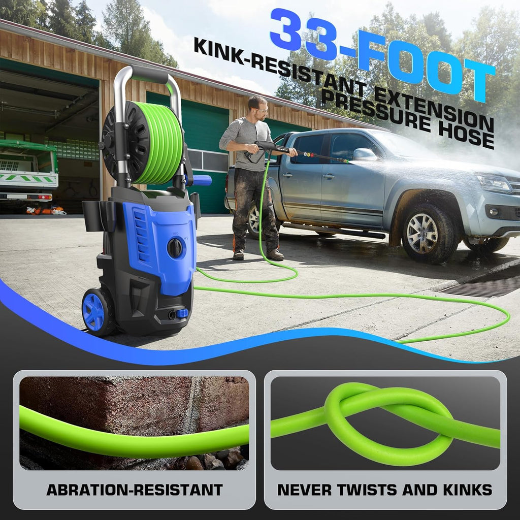4800 PSI Electric Pressure Washer- 4.0 GPM High Power Washer with 33FT Hose Reel, 4 Spray Tips and Soap Bottle for Car Washing, Fence Cleaning, Patio Maintenance（Upgraded）(Blue)
