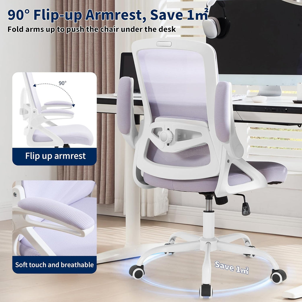Ergonomic Office Chair, Desk Chair with Adjustable Lumbar Support, Breathable Mesh Comfy Computer Chairs with Flip-up Armrests Executive Task Chair for Adults Home Office(Lavender)