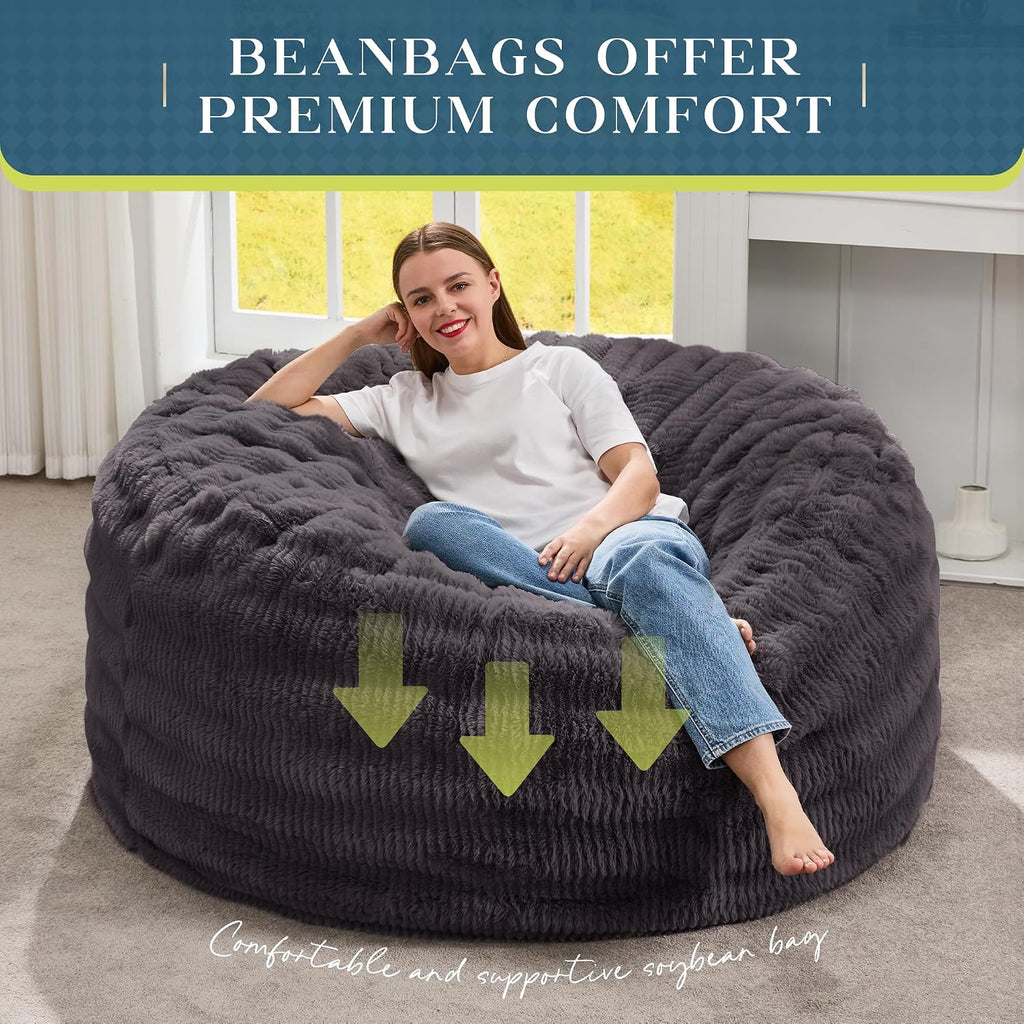 Hobestluk Bean Bag Chairs Beanbag Chair with Filler Adult Bean Bags with Fluffy Ripple Cover, Giant Bean Bag Chairs for Adults (Dark Grey, 5FT - 50' x 50' x 24')