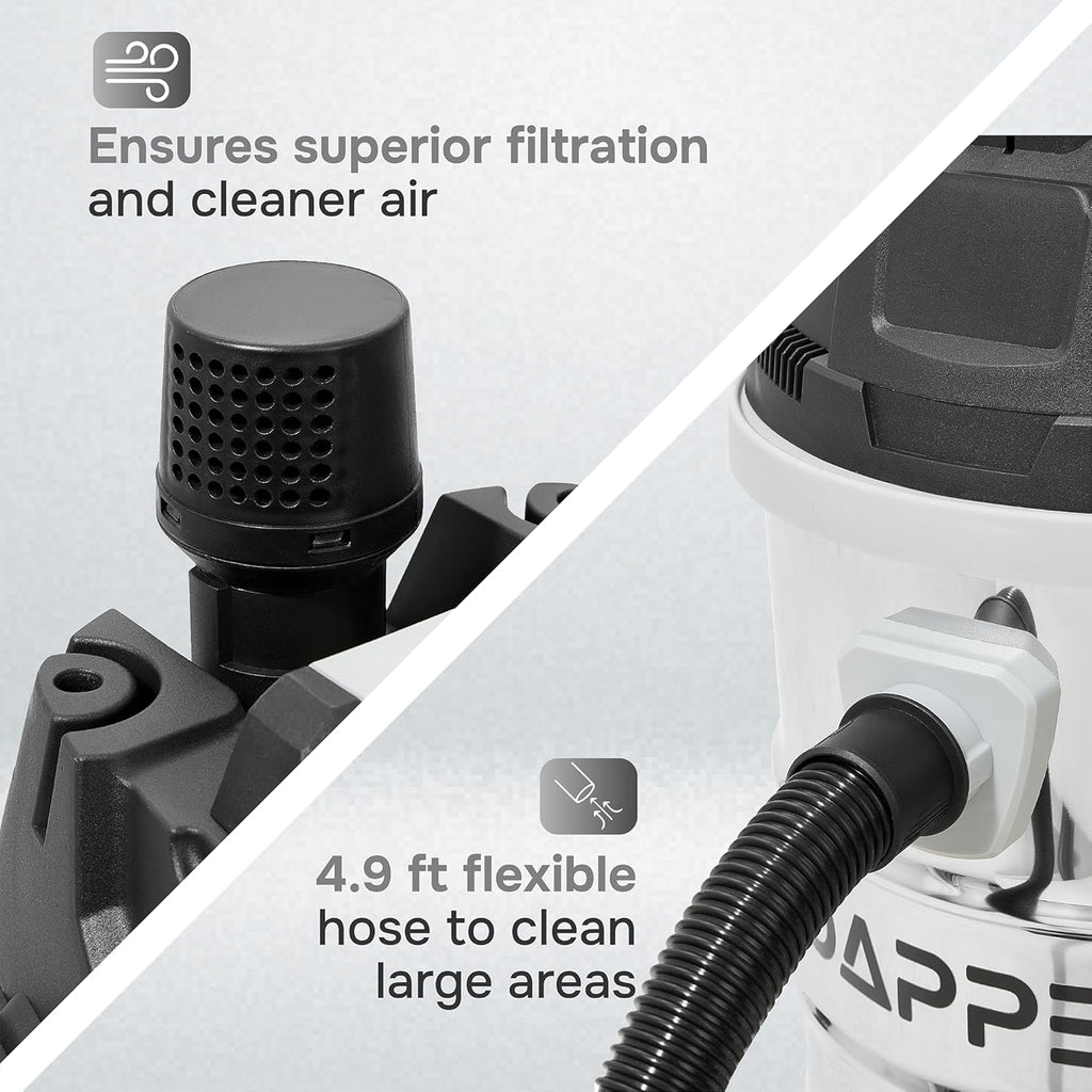 Dapper Supply 10 Gallon 4.0 Peak HP Wet/Dry Vacuum, Stainless Steel Tank, 3 in 1 Function Portable Shop Vacuum with Attachments, Ideal for Jobsite, Garage & Workshop.