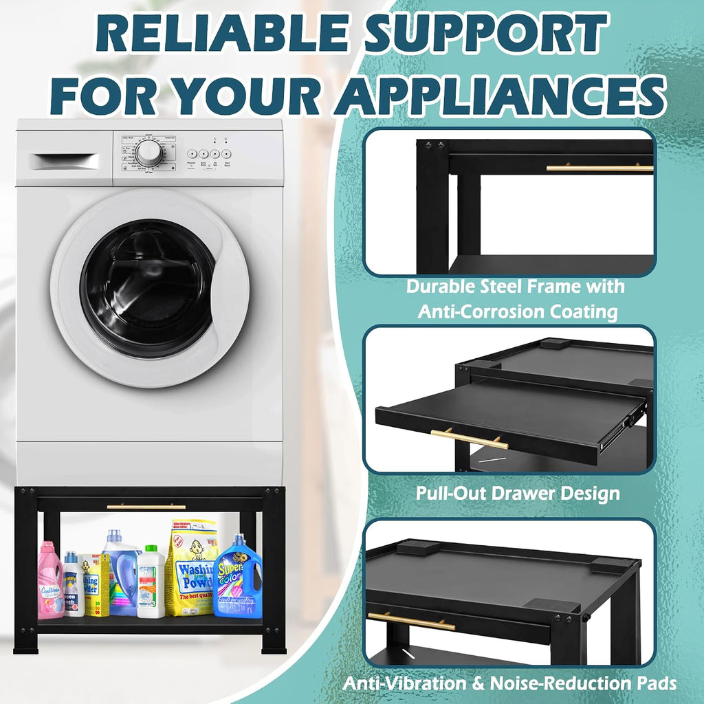 Royxen Washer and Dryer Pedestals with Drawer,29' W x 29' D x 19.5' H Metal Heavy Duty Laundry Pedestal, Universal Washing Machine Stand for Basket Shelf, 850lbs Capacity,Black