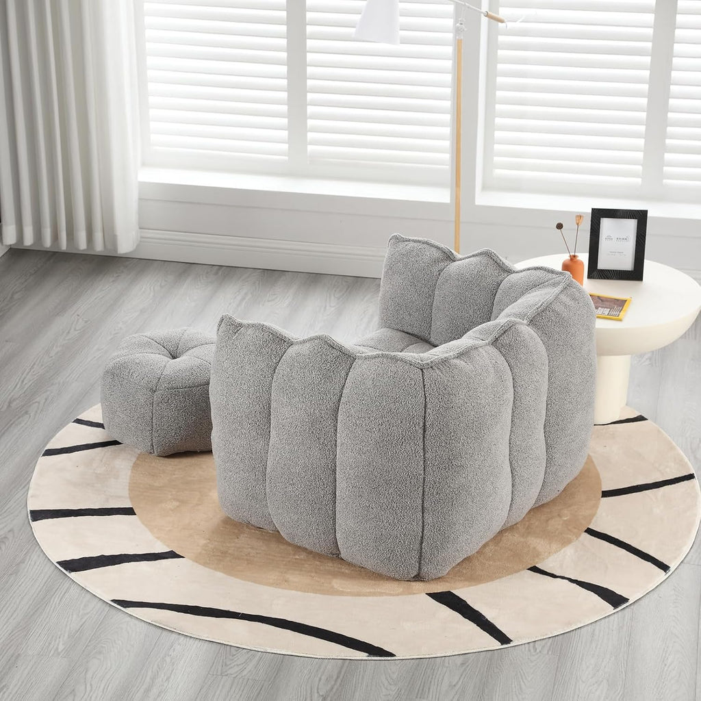 Giant Bean Bag Chair with Ottoman, Oversized Beanbag Chair for Adults, Comfy Floor Sofa Chair with Foam Filler, Pumpkin Lazy Lounger for Living Room, Game Room, Reading Corner, Chenille Grey