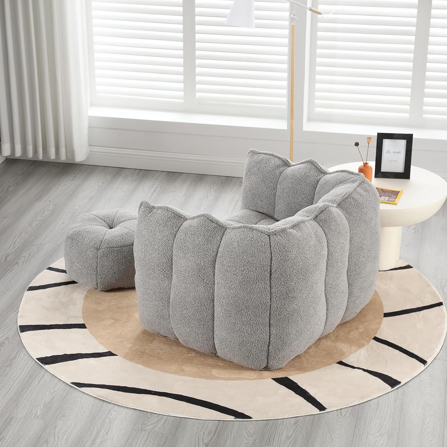 Giant Bean Bag Chair with Ottoman, Oversized Beanbag Chair for Adults, Comfy Floor Sofa Chair with Foam Filler, Pumpkin Lazy Lounger for Living Room, Game Room, Reading Corner, Chenille Grey