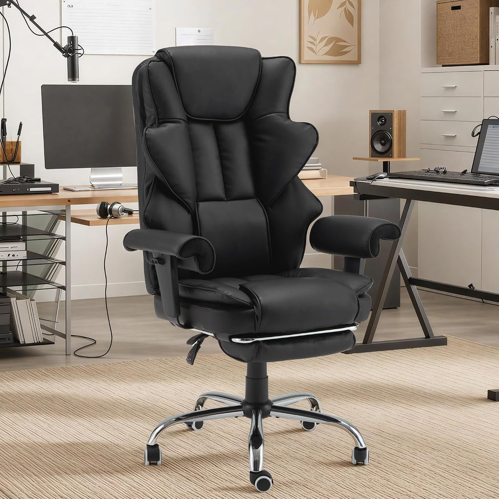 HOMREST Ergonomic Executive Office Chair with 6-Point Vibration & Heat - Reclining Managerial Chair with Adjustable Footrest and Armrests,Big and Tall Leather Home Office Desk Chairs(Black)