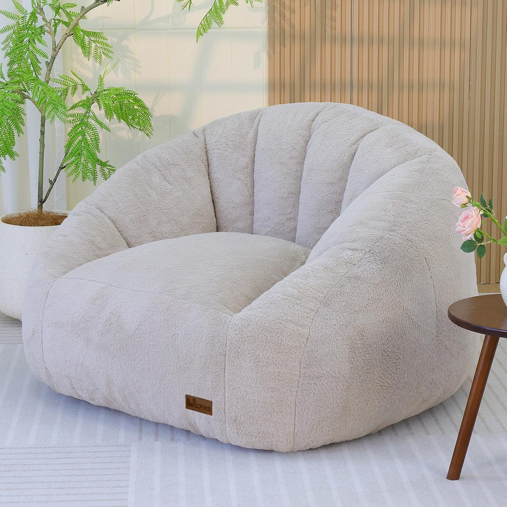 Giant Bean Bag Chair for Adults, Teens and Kids, Cozy Fluffy Corduroy Beanbag Chair with Filler, Large Floor Lounge Sofa for Living Room, Bedroom, Dorm, Gaming and Reading(L-Champagne)